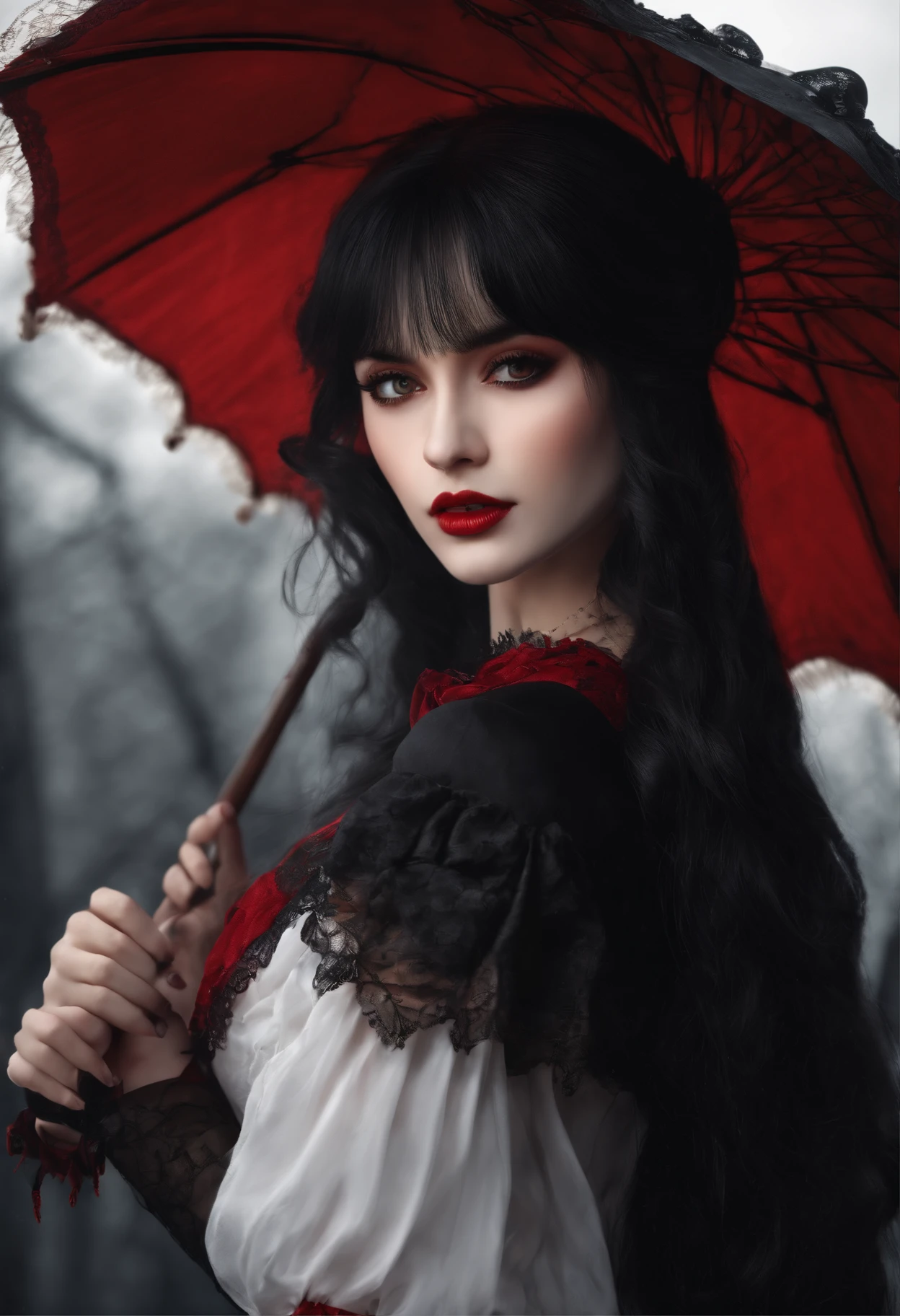high resolution, highest quality, super high quality, super detail, ultra realistic, photorealistic, anime, illustration, fantasy, Victorian style, super hot vampire, mysterious, enchanting, red eyes, long hair with bangs,  black hair with red streaks, perfect proportion, full body, corset and long sexy skirt and lacy black parasol, background Victorian gothic mansion