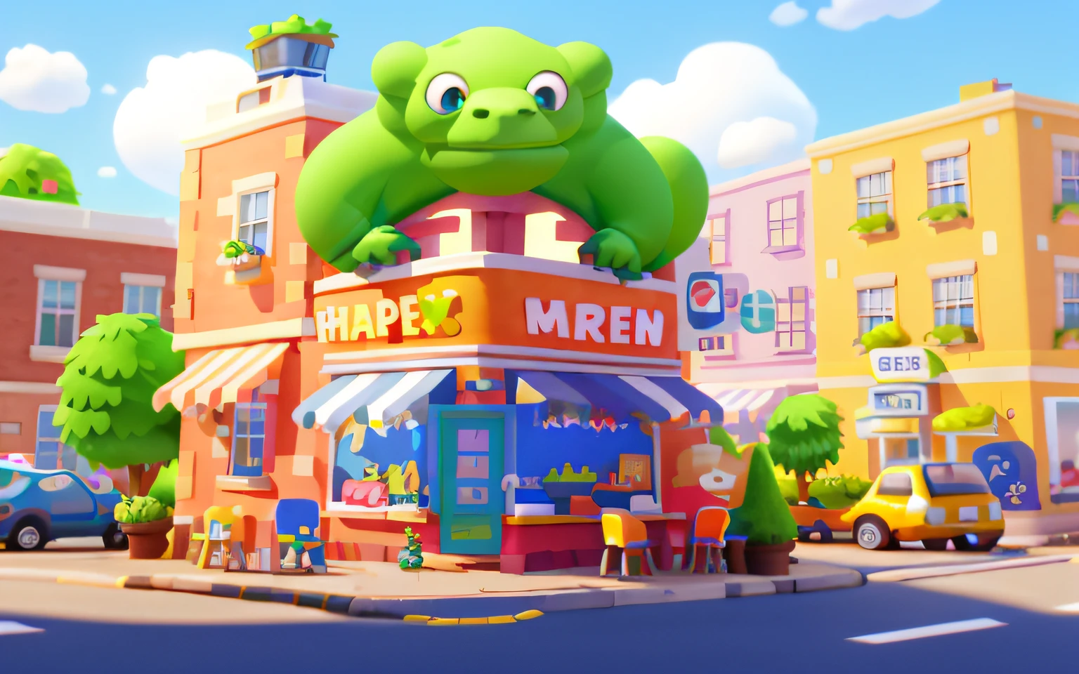 Cartoony,Cute dinosaur-shaped barbershop building,There are cute dinosaurs next to it,Gromurosaurus,Tyrannosaurus Rex Pixar style,cartoonish style, polygon, Dinosaur building,,adolable, Game architectural design, fanciful, Charming concert hall, desks, music instrument, steins, Bricks, grassy, florals, the trees, casual game style, Originality, best detail, ........3D, Blander, tmasterpiece, best qualtiy, toon rendering, 8K