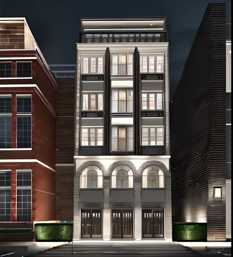 Townhouse exterior in busy commercial area, soft lighting