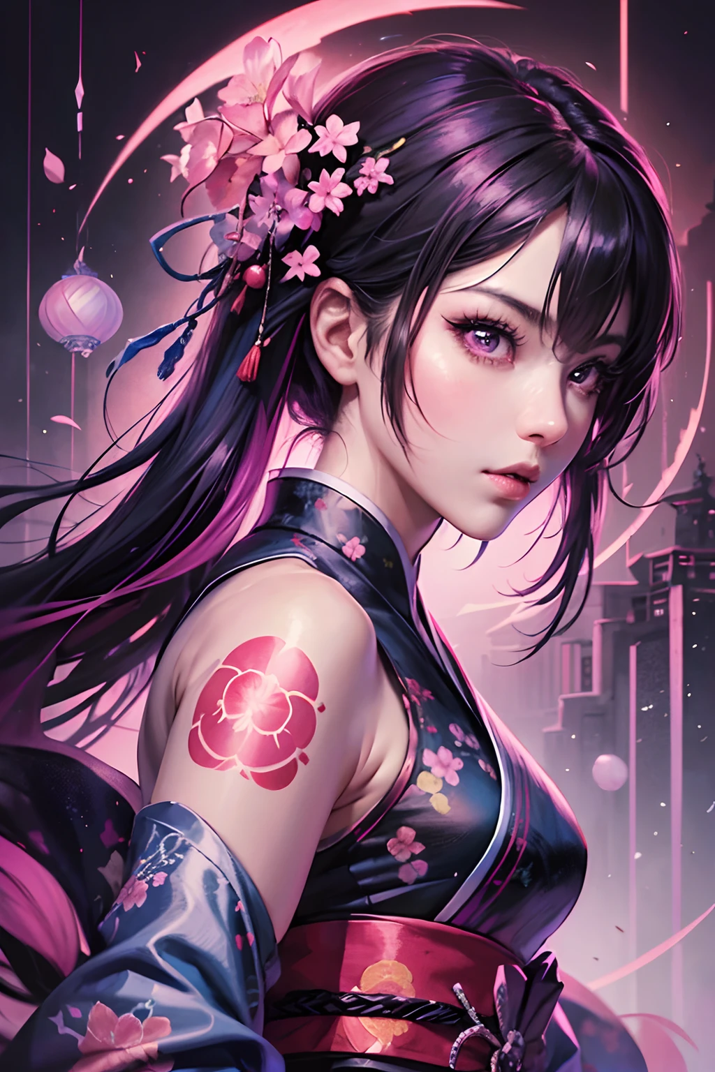 girl,kimono,pink blossom,artgerm:1.1,2d game art:1.1,dark magenta,blue,intense lighting,dramatic lighting,northern china's terrain,detailed comic book art,ominous,ultra-fine painting,professional,vivid colors,bokeh