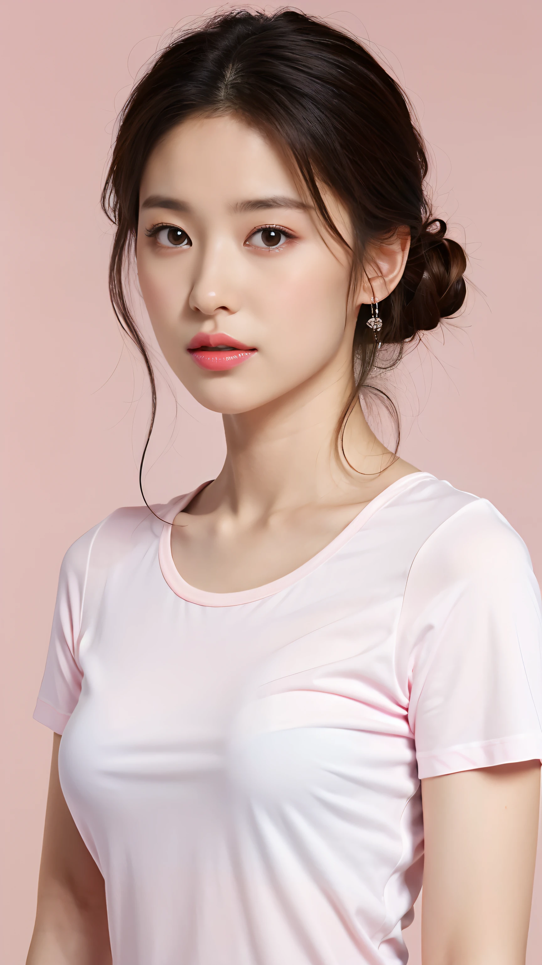 Best quality,masterpiece,ultra high res,(photorealistic:1.4),1girl, White short-sleeved T-shirt, in studio, pastel pink background,