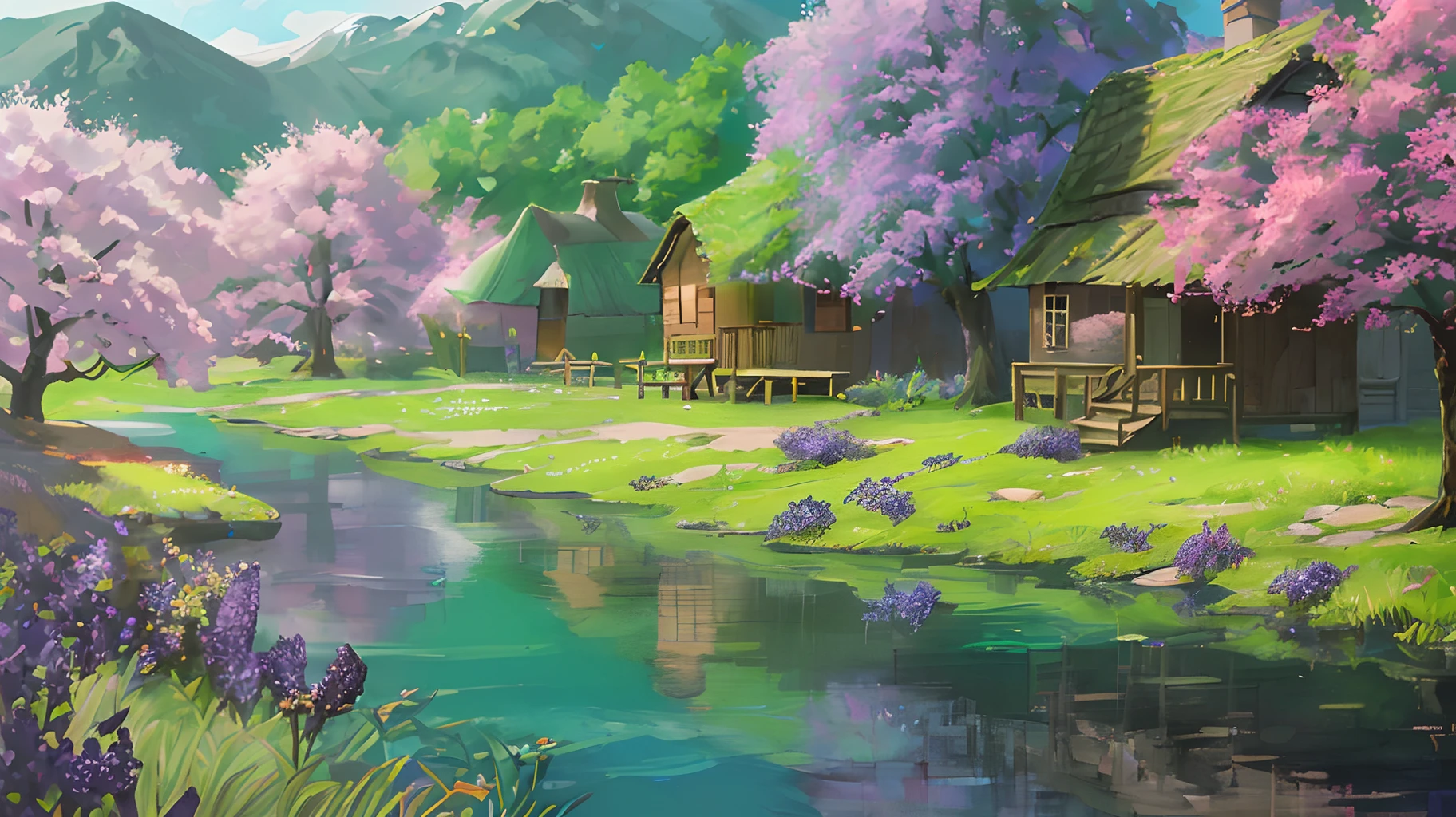 Jacaranda trees are full of purple flowers,Summer evening,Small flowers on the edge of the stream,wooden cabin,