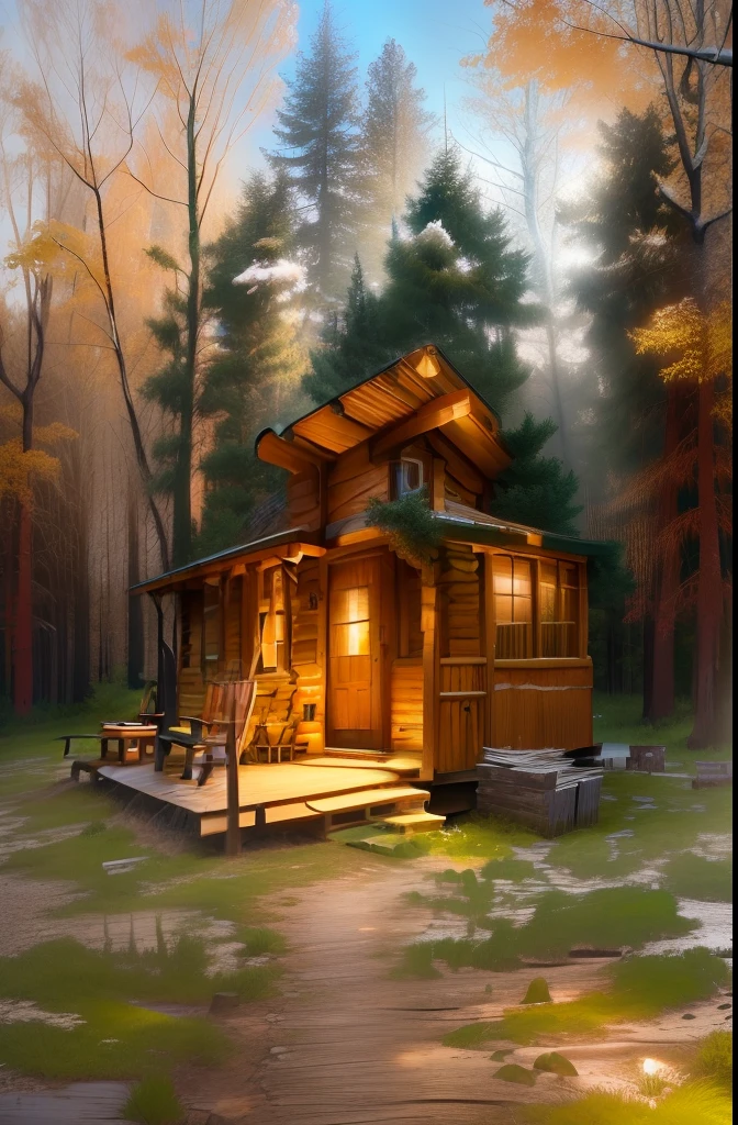 Close-up of a log cabin with a porch in the woods, Lodge, hidden tiny houses, a brick cabin in the woods, the small house in the forest, Cabin in the woods, wood cabin in distance, Cabin in the woods, cottagecore hippie, author:Dan Christensen, peaceful wooden mansion, a wide full shot, Cottage hippie naturalist, The cabin