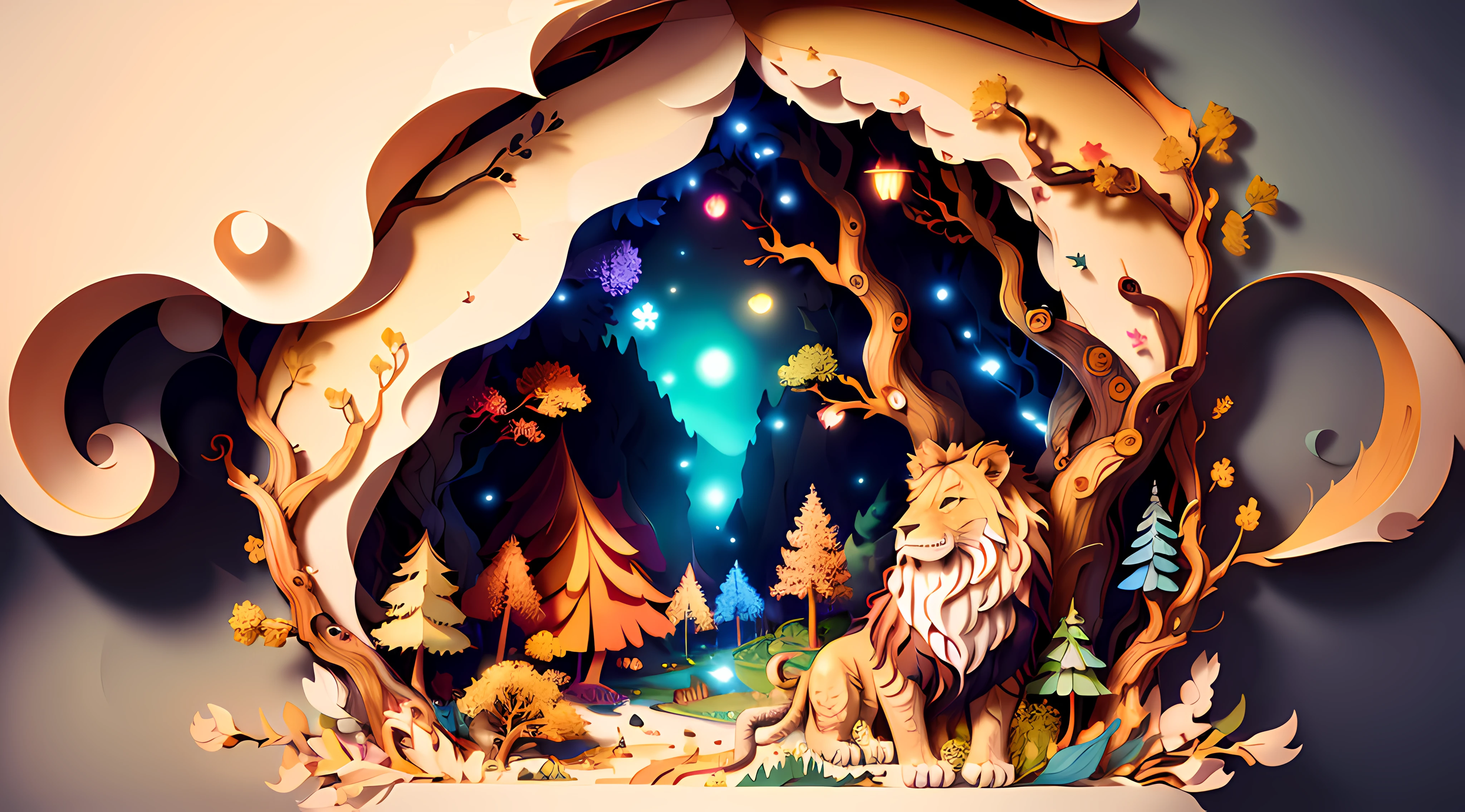 (((masterpiece))),best quality, illustration, forest trail, paper_cut, hazel tones, ultra detailed, cave like, multicolored trees, ends deep like a cave, ultra detailed. in a fish bowl, lion, mighty lion