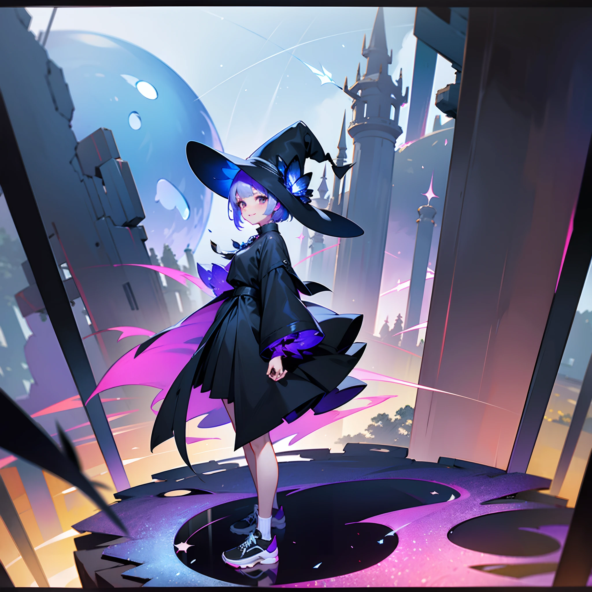 A mystical otherworldly half-timber town、Standing Girl、Black coat、white t-shirt、a black skirt、beautiful thigh、Beautiful calves、White short hair with blue-purple mesh、Looking at me with a smile、Black sneakers with white shoelaces、Large witch hat with sapphire accessories、Dark brown eyes with highlights、On a hilltop with a panoramic view of the town