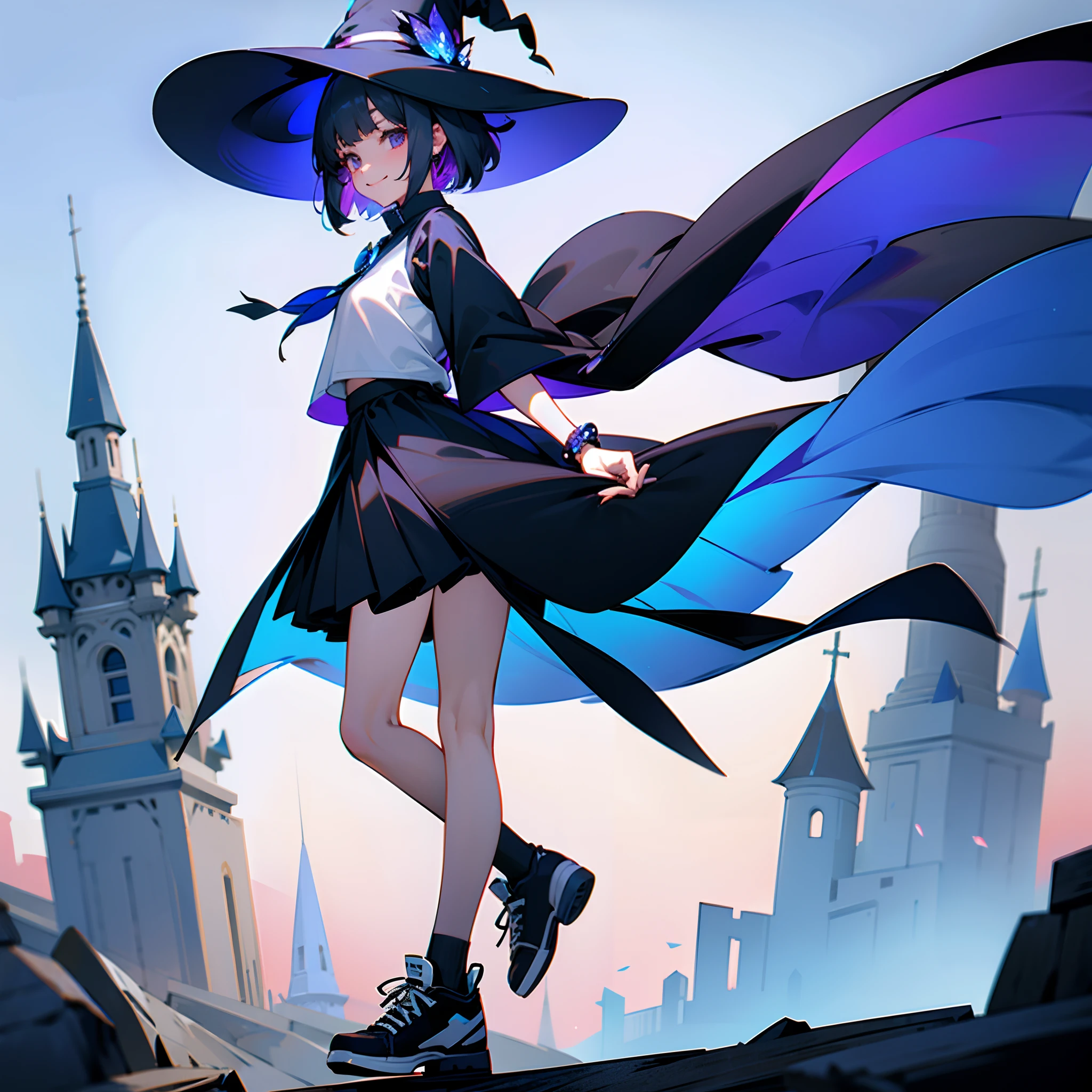 A mystical otherworldly half-timber town、Standing Girl、Black coat、white t-shirt、a black skirt、beautiful thigh、Beautiful calves、White short hair with blue-purple mesh、Looking at me with a smile、Black sneakers with white shoelaces、Large witch hat with sapphire accessories、Dark brown eyes with highlights、On a hilltop with a panoramic view of the town