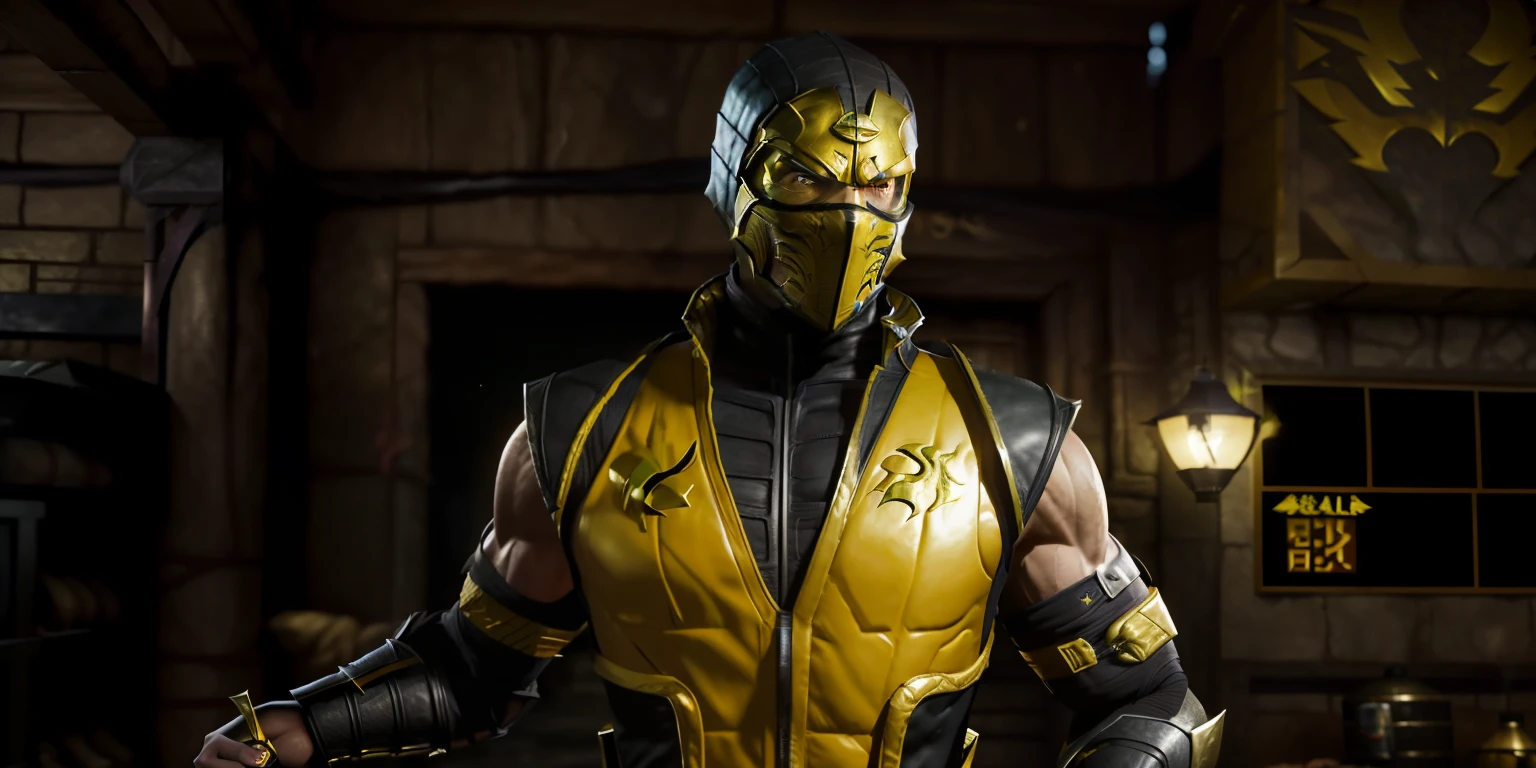 a man in a yellow vest and mask holding a knife, mortal kombat 1, scorpion from mortal kombat, character from mortal kombat, in mortal kombat, snoop mortal kombat, mortal kombat, Kuai liang from mortal kombat, style of mortal kombat, mk ninja, fighting game character, scorpion, gold armour suit, sleek gold armor, shinkiro