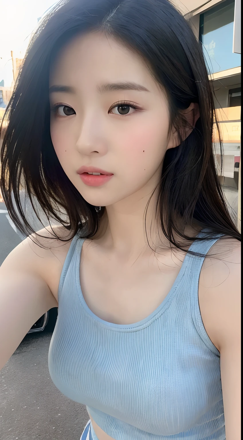 ((Best quality, 8k, Masterpiece :1.3)), Sharp focus: 1.2, Perfect Body Beauty: 1.4, Slim Abs: 1.2, ((Layered hairstyle: 1.2)), (Tank top shirt:1.1), (Street: 1.2), Highly detailed face and skin texture, Fine eyes, Double eyelids