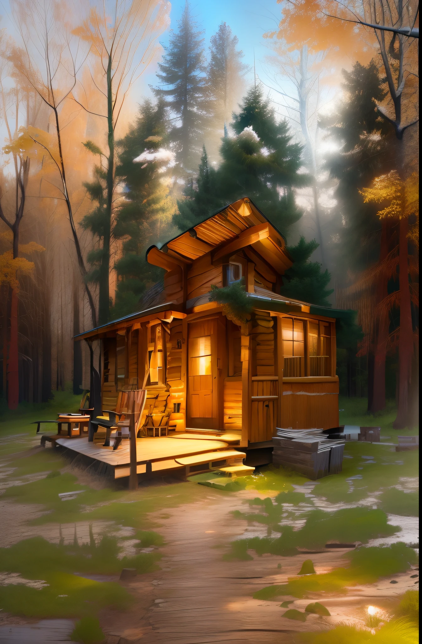 Close-up of a log cabin with a porch in the woods, Lodge, hidden tiny houses, a brick cabin in the woods, the small house in the forest, Cabin in the woods, wood cabin in distance, Cabin in the woods, cottagecore hippie, author:Dan Christensen, peaceful wooden mansion, a wide full shot, Cottage hippie naturalist, The cabin