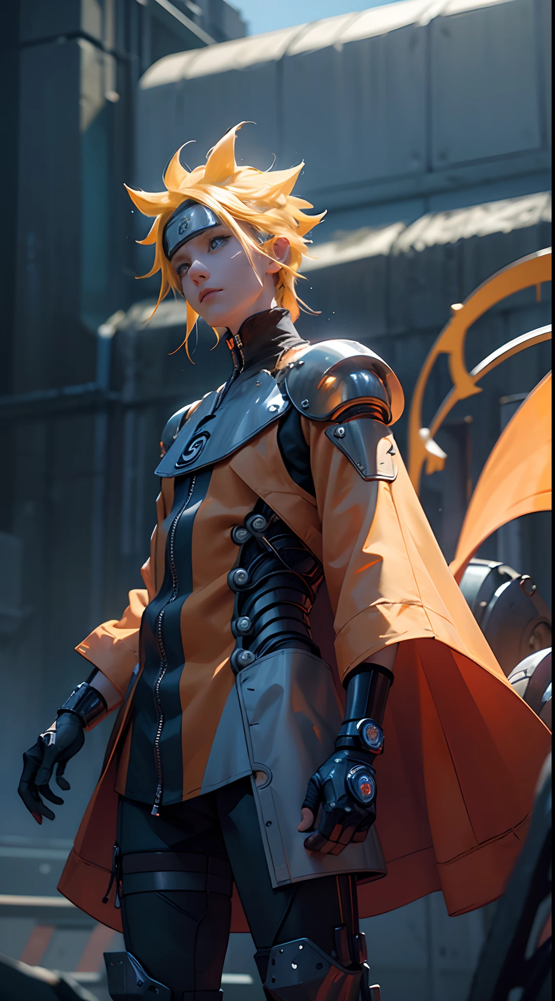Masterpiece, Naruto cyborg mode, look at the viewer, full mechanical body, intricate details, advanced technology, Orange lightning, detailed armor, bionic enhancements, neon lights, vivid colors, contrasting shadows, Blue eyes, urban setting, nighttime backdrop, high contrast lighting, bold lines, blurring effects, ultra-realistic, 4k resolution