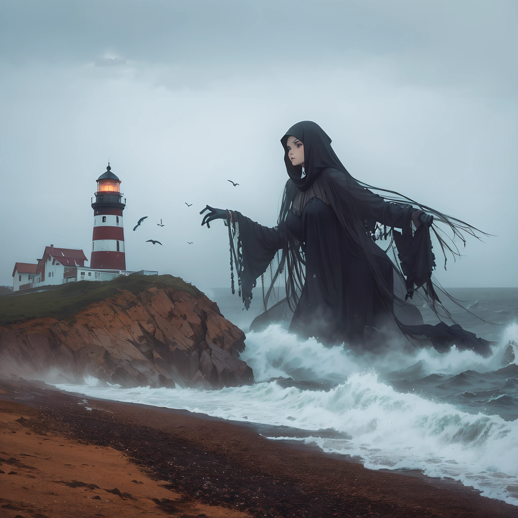 Foggy beach. A huge girl emerged from the sea. She wears a black gothic dress. She attacks the lighthouse. Sandy beach. A hill. Cloudy sky.