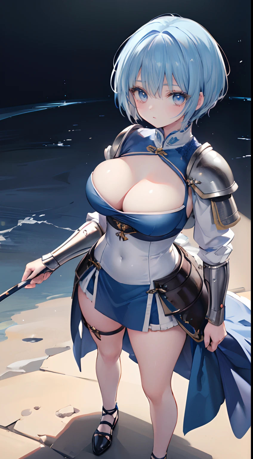 Solo,Absurd resolution、hight resolution、(masterpiece:1.4)、ultra-detailliert、(Detailed finger),(One girl)、Beautiful detailed girl、A detailed face、clear and beautiful, Character as the main point of view, Radiant skin, Girls, femele, 年轻, (blue hairs),(shorth hair),(short-cut),(Shortcut Hair),(blue eyess)kawaii、beautiful countenance、beautidful eyes,((Knights))、Fantasy costume,Original Character,((Wearing armor)),((Costumes of medieval Europe)),,(Colossal tits:1), (thighs thighs thighs thighs:0.8),(Facing:1.2),(Full body portrait),(Standing:1.3),(shoes on),Simple background、((white backgrounid)), Female Warrior