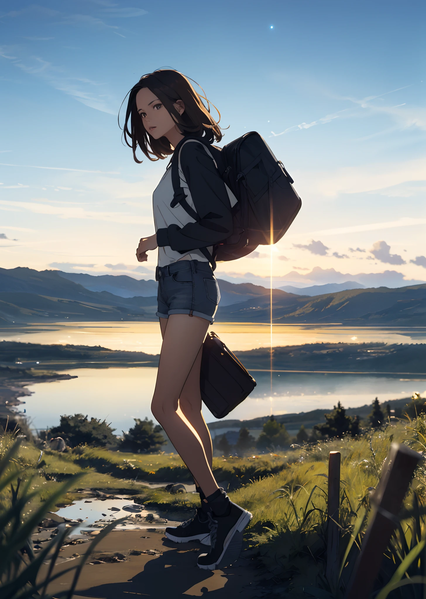 (beautiful and magnificent horizon, majestic sky), (extremely tense and dramatic images, moving visual effects), (Polaris hanging high, colorful natural light), (1girl), (long-sleeved top, denim shorts, carrying a backpack) , (dynamic pose:1.3, black eyes, cropped black hair, sparkling girl)[:0.8], (large grassland), (approaching breeze), (brown hair and background coordination effect: 1.2), (close shot , long shot mix and match)[: :0.9]