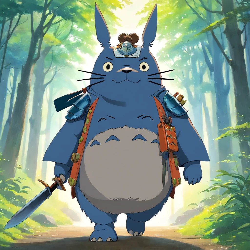Totoro, Japanese samurai equipment,The whole body is covered in armor , Hold a long knife in your hand,Waving,Wears a samurai helmet,canyons,No Man,No one appears