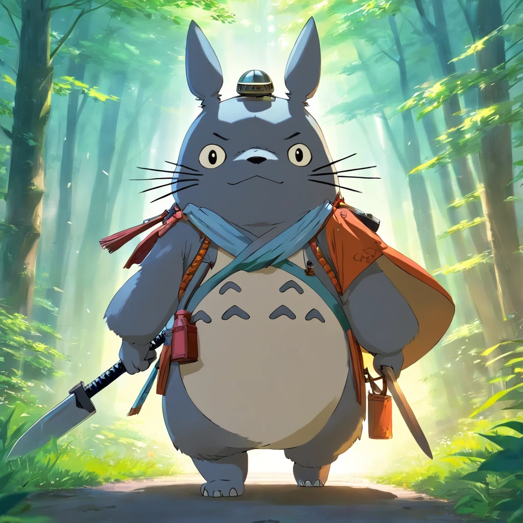 Totoro, Japanese samurai equipment，The whole body is covered in armor , Hold a long knife in your hand，Waving，Wears a samurai helmet，canyons，No Man，No one appears