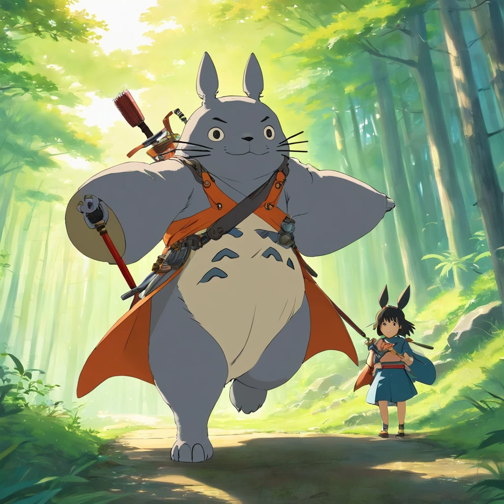 Totoro, Japanese samurai equipment,The whole body is covered in armor , Hold a long knife in your hand,Waving,Wears a samurai helmet,canyons,No Man,No one appears