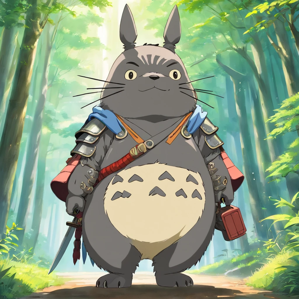 Totoro, Japanese samurai equipment,The whole body is covered in armor , Hold a long knife in your hand,Wielding a knife,The action is exaggerated,Wears a samurai helmet,canyons,No Man,No one appears