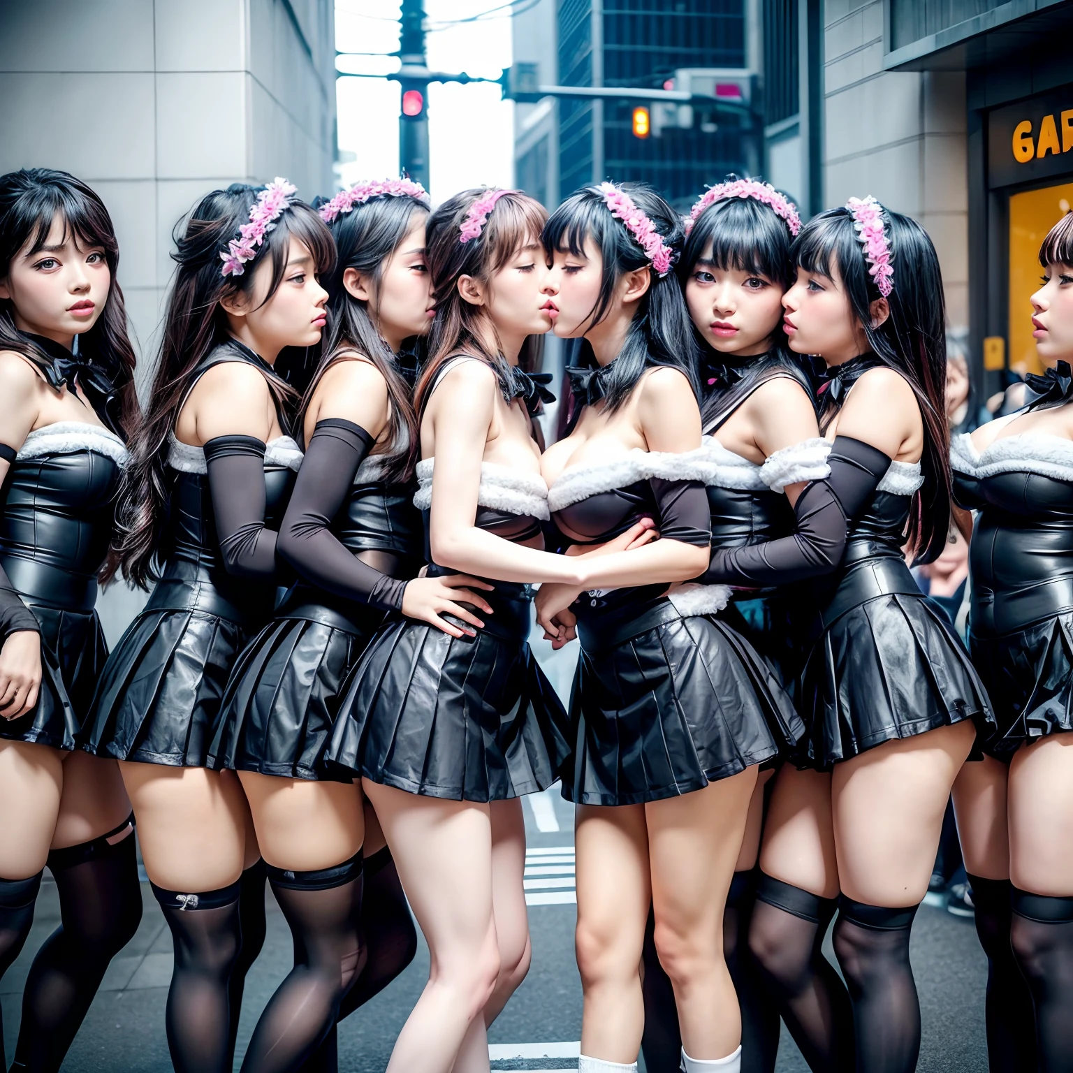 (((12 Tiny Girls in a row:1.2, Shibuya Hachiko-mae scramble crossing on Halloween:1.2))), (masterpiece:1.2, best quality, photorealistic:1.37), {(Standing Full Body:1.2)|(from below:1.2)}, random hair colors, {School Uniform|naked bandage|tutu}, ((Detailed KAWAII face, Detailed Oily Porcelain skin)), {Bustling street|Crossroads|(Passerby schoolgirls)| halloween| neon}, {(Childish:1.2|Gigantic Cleavage:1.37|Underboob:1.2|Kissing face to face)}, {flower wreath|Red leather high collar}, {Floating hair|Strong wind|Ass focus},{:p|:d|laugh|sparkle|joyful|delighted},extremely Detailed,