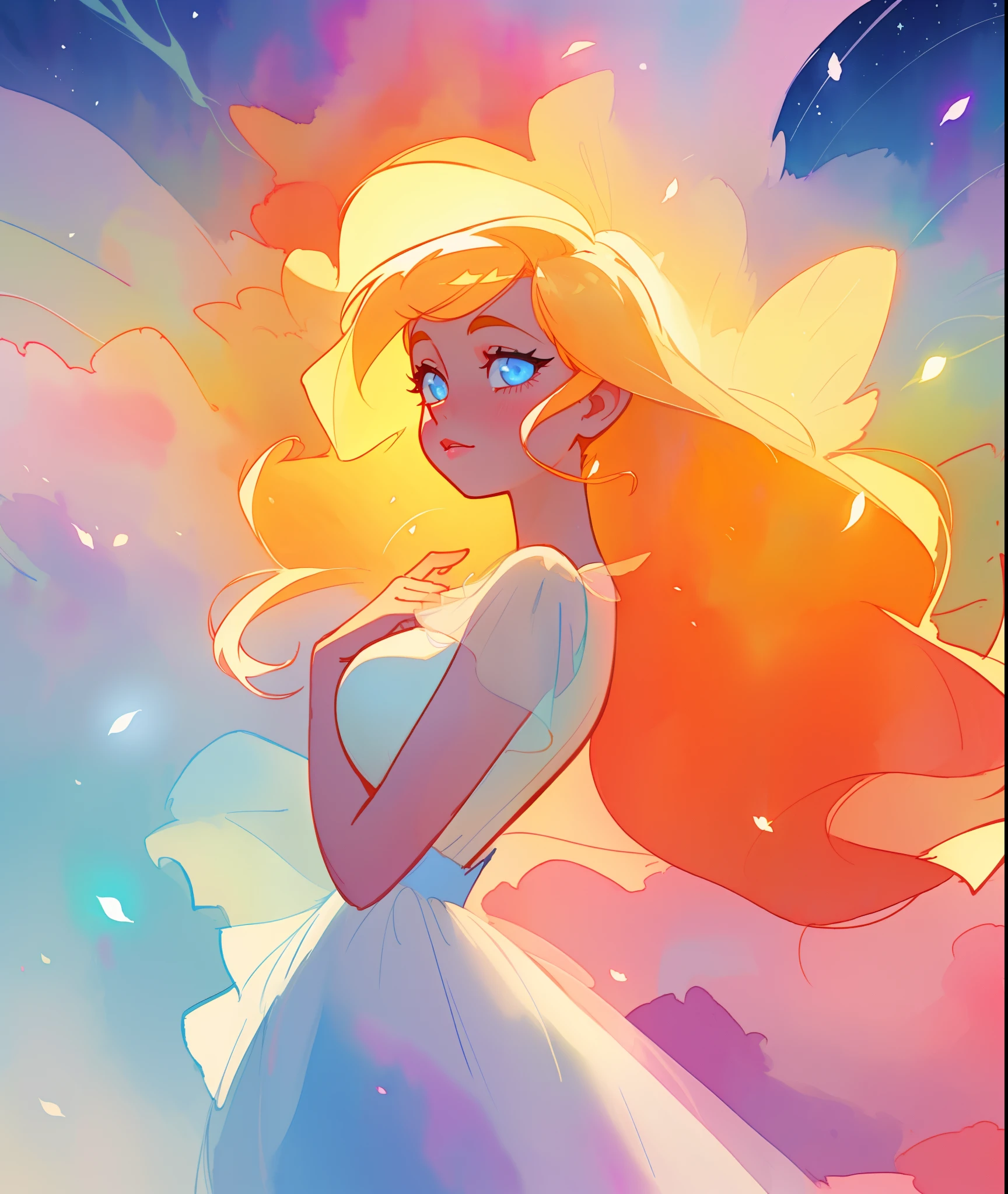 beautiful girl in white dress, fairy dress, long golden hair, watercolor illustration, inspired by Glen Keane, inspired by Lois van Baarle, disney art style, by Lois van Baarle, glowing aura around her, by Glen Keane, jen bartel, glowing lights! digital painting, flowing glowing hair, glowing flowing hair, beautiful digital illustration, fantasia otherworldly landscape plants flowers, beautiful, masterpiece, best quality, anime disney style
