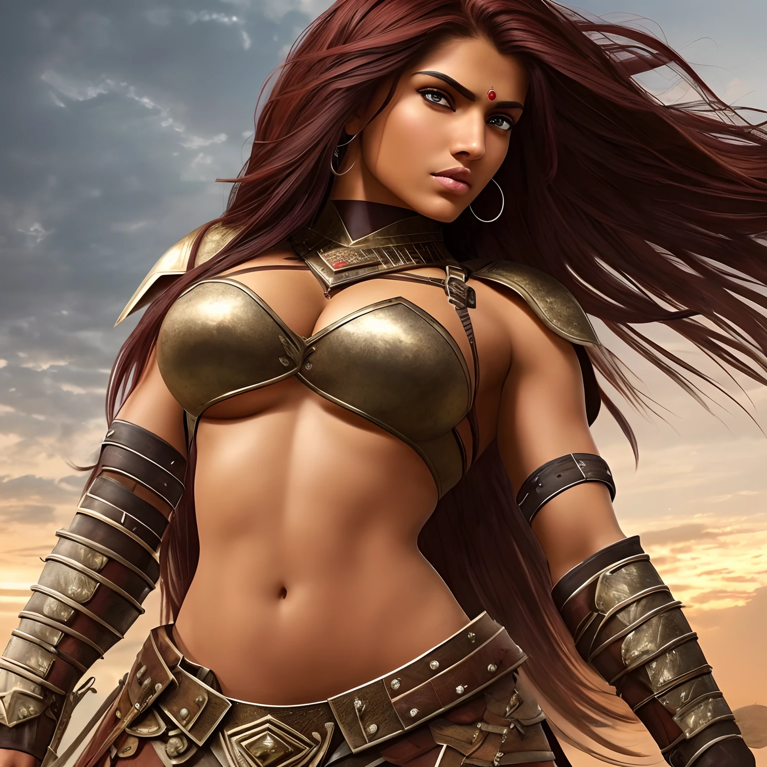 A tall and muscular indian woman covered in battle scars. She has heterochromia and long, straight, dark red hair. Her left eye is brown, but her right eye is a cloudy white color. She is has a beautiful face and caramel skin with voluminous lips and a prominent arched nose bridge. She is wearing a warrior's armor.