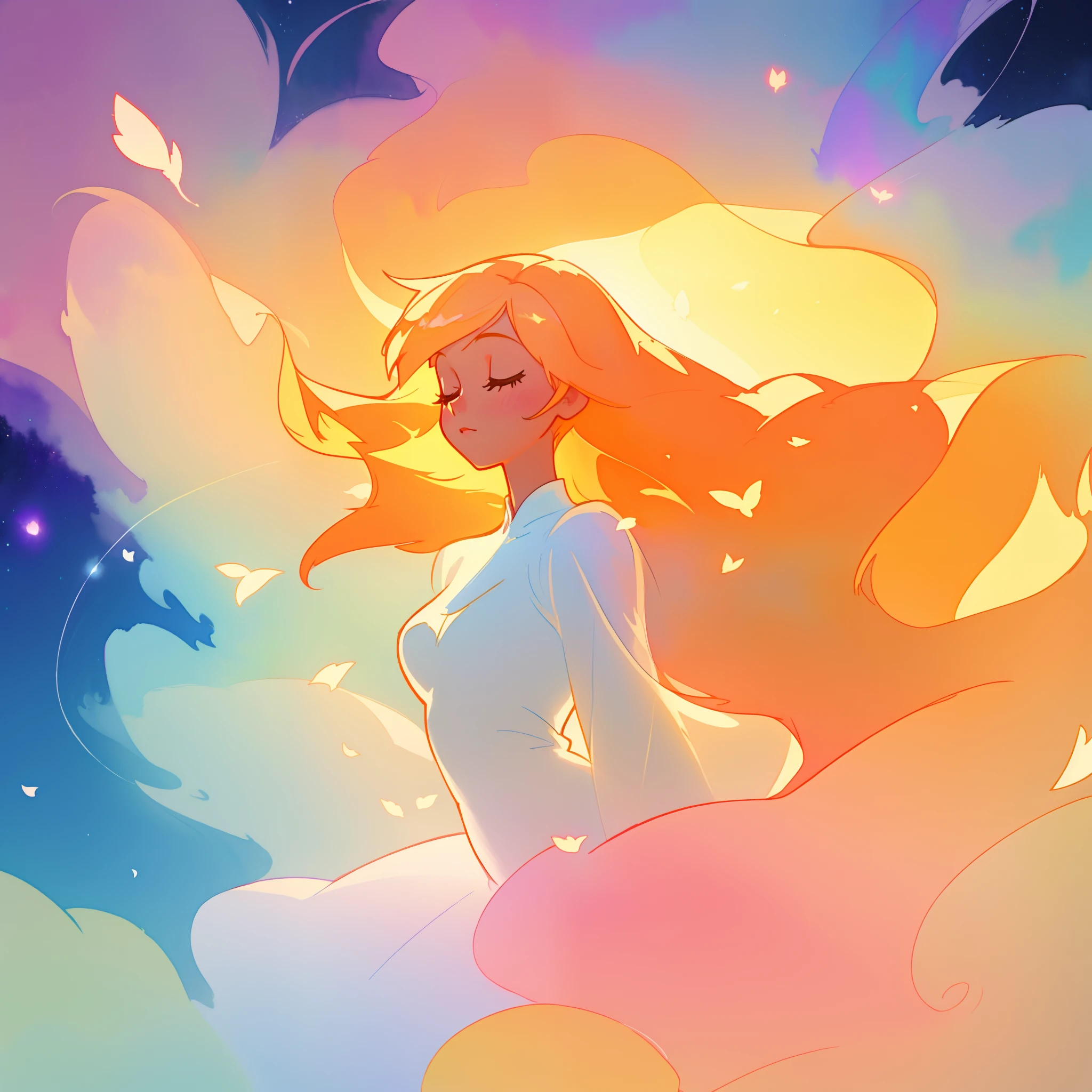beautiful girl in white dress, fairy dress, long golden colorful hair, watercolor illustration, inspired by Glen Keane, inspired by Lois van Baarle, disney art style, by Lois van Baarle, glowing aura around her, by Glen Keane, jen bartel, glowing lights! digital painting, flowing glowing hair, glowing flowing hair, beautiful digital illustration, fantasia otherworldly landscape plants flowers, beautiful, masterpiece, best quality, anime disney style