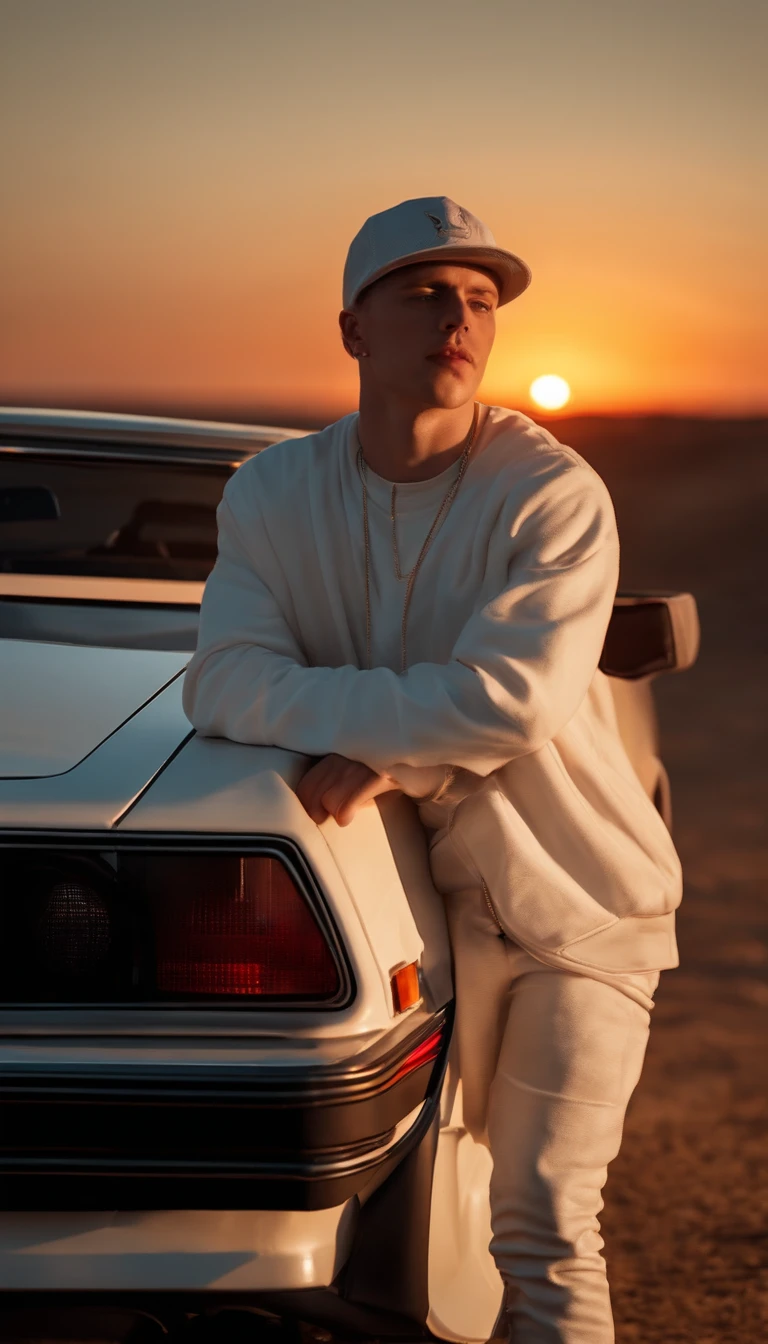 Young white rapper leaning on The DeLorean with a sunset in the horizon in 8k