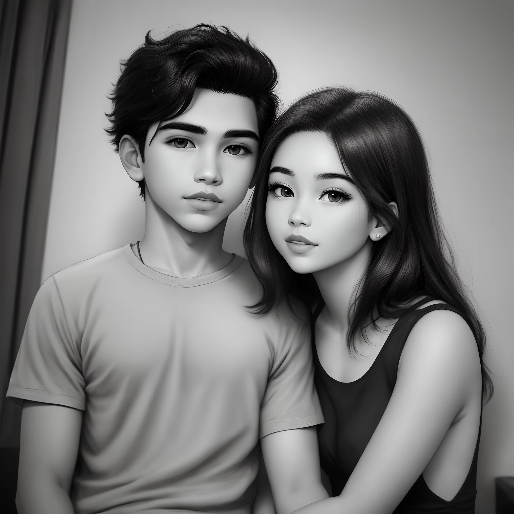 Black and white drawing of Chicano boy and girl