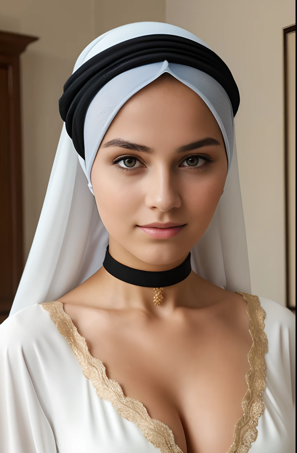 RAW, Best quality, high resolution, masterpiece: 1.3), beautiful swedish teen in hijab showing cleavage and high_slit,Masterpiece, Soft smile, choker