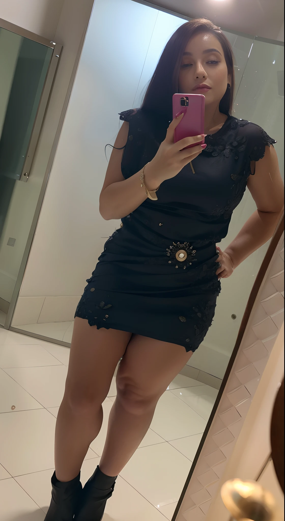 there is a woman taking a selfie in a mirror, usando vestido, vestido curto, imagem de corpo inteiro, foto da roupa, usando vestido preto, vestido aberto, imagem de qualidade muito baixa, full body in sight, corpo inteiro;, corpo inteiro!!!, roupa muito sexy, olhar sexy, vestido coberto completo, (38 anos), roupa sexy, vestido rendado
