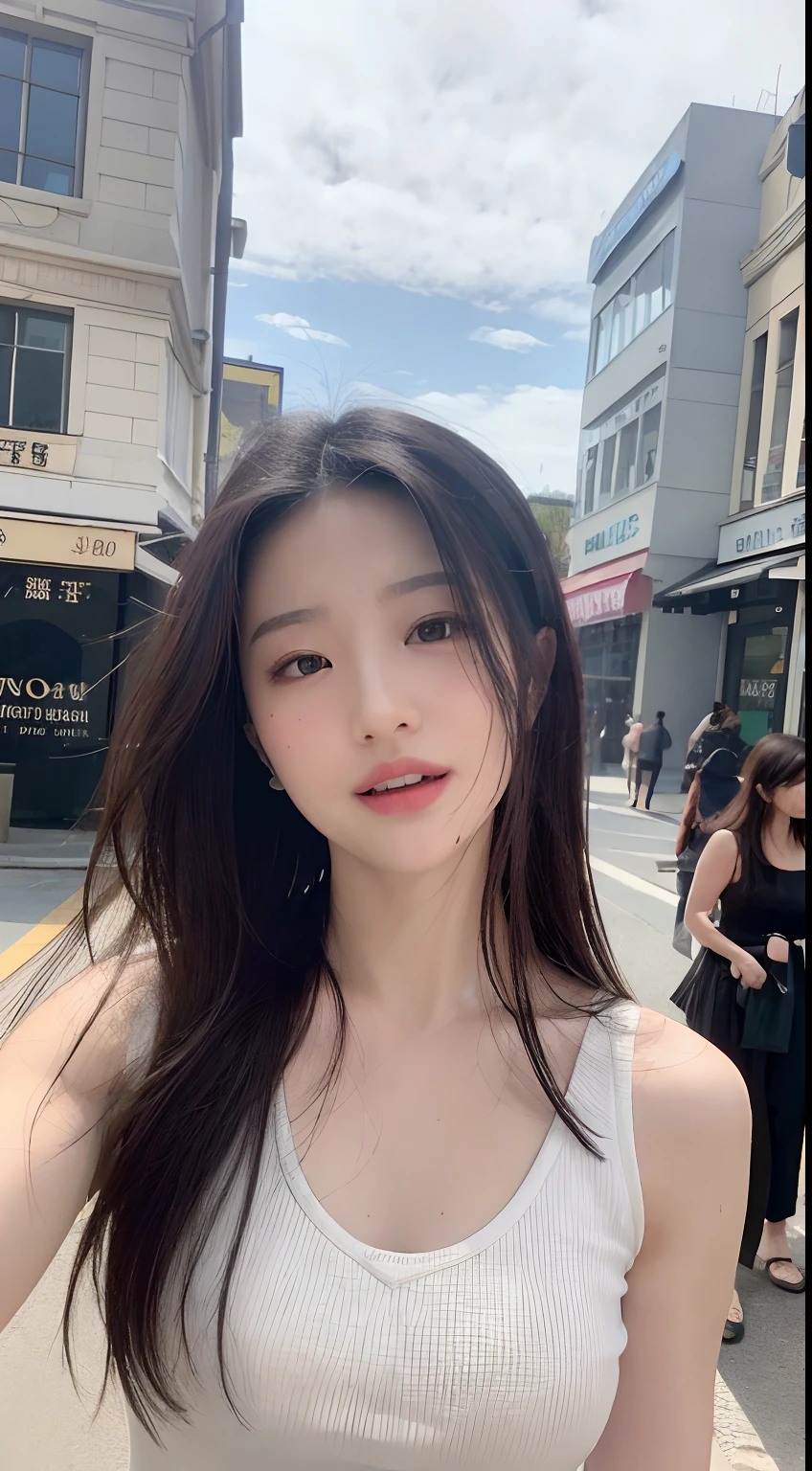 ((Best quality, 8K, Masterpiece :1.3)), Sharp focus :1.2, perfect figure beautiful woman:1.4, Slim abs:1.2, ((Layered Hair Style, mischievous expression:1.2)), (Tank top shirt:1.1 ), (the street:1.2), Highly detailed facial and skin texture, A detailed eye, 二重まぶた,Keep one's mouth shut,