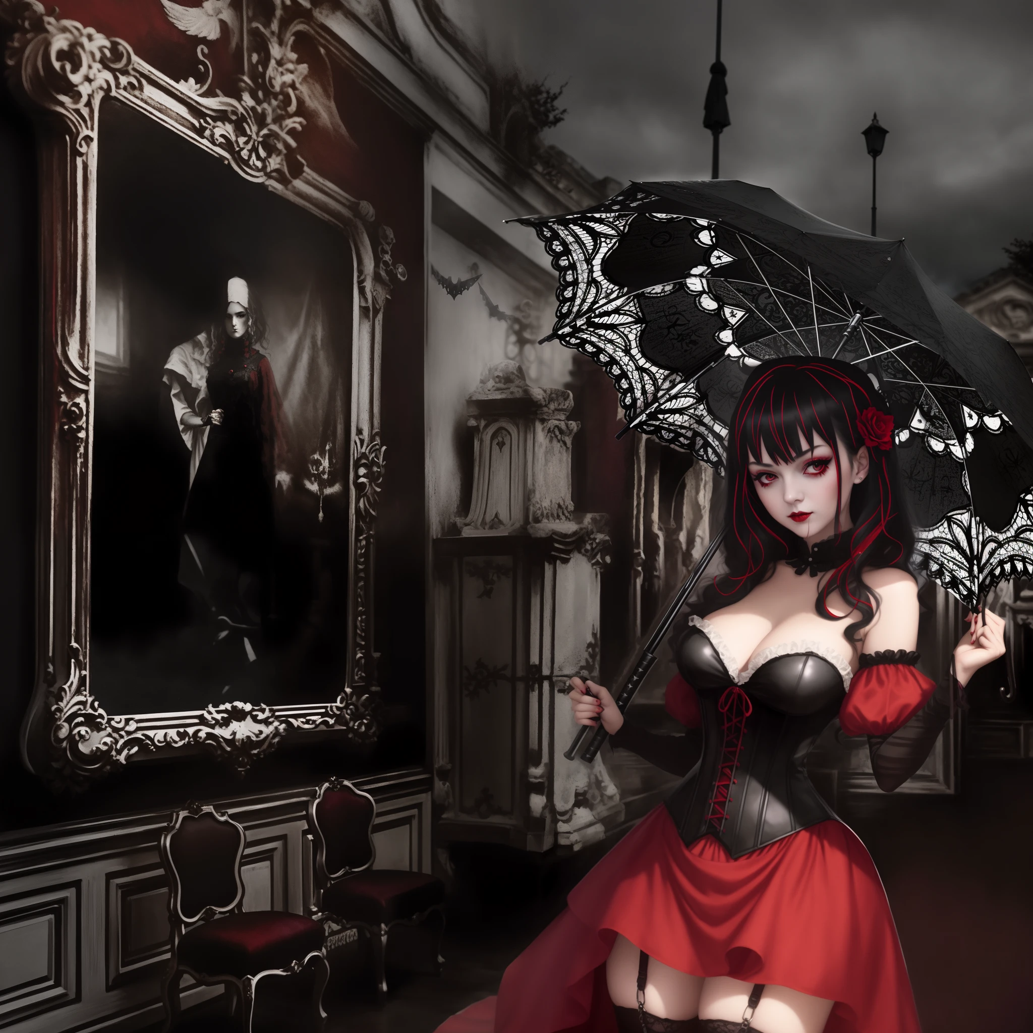 there is a woman in a red dress holding an umbrella, gothic art, gothic art style, gothic maiden anime girl, gothic maiden, gothic atmosphere, an elegant gothic princess, gothic fantasy art, gothic painting, gothic aesthetic, gothic horror vibes, gothic girl, gothic!!, gothic fantasy, gothic maiden of the dark, gothic influence, neogothic art, rococo cyberpunk