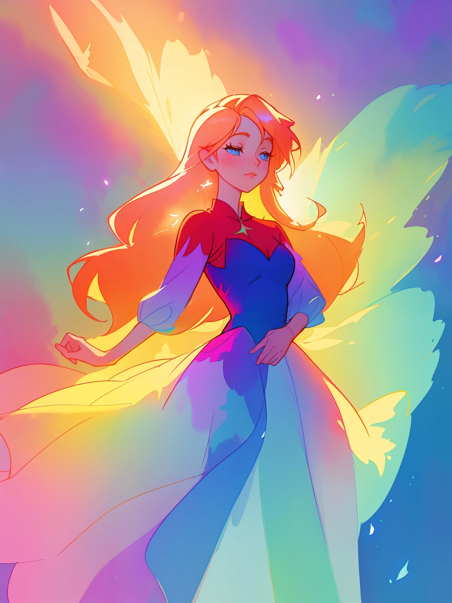 beautiful girl in flowing colorful ballgown, fairy dress, long golden hair, colorful watercolor background, inspired by Glen Keane, inspired by Lois van Baarle, disney art style, by Lois van Baarle, glowing aura around her, by Glen Keane, jen bartel, glowing lights! digital painting, flowing glowing hair, glowing flowing hair, beautiful digital illustration, fantasia otherworldly landscape plants flowers, beautiful, masterpiece, best quality, anime disney style