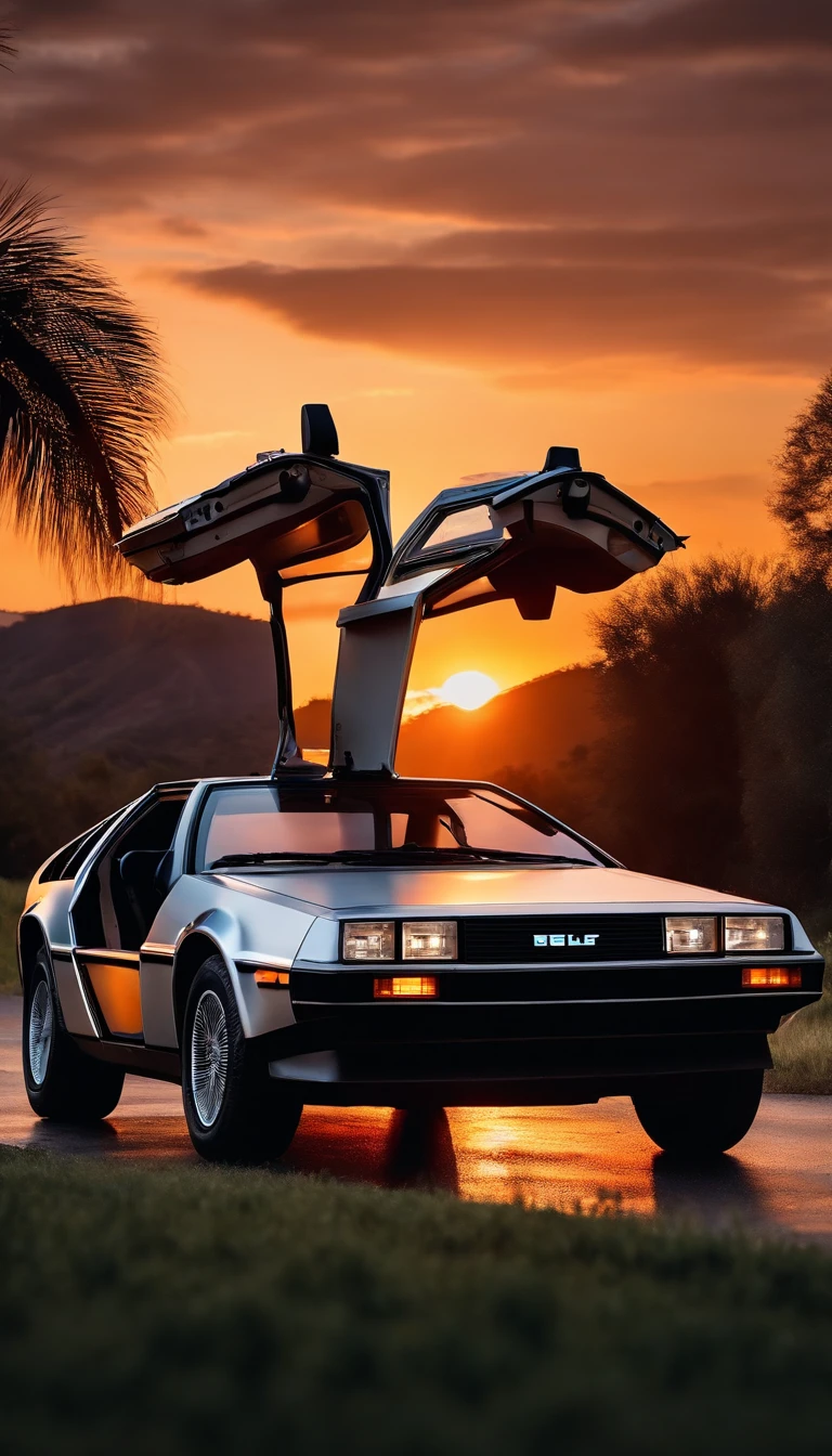 The DeLorean with a sunset in the horizon in 8k