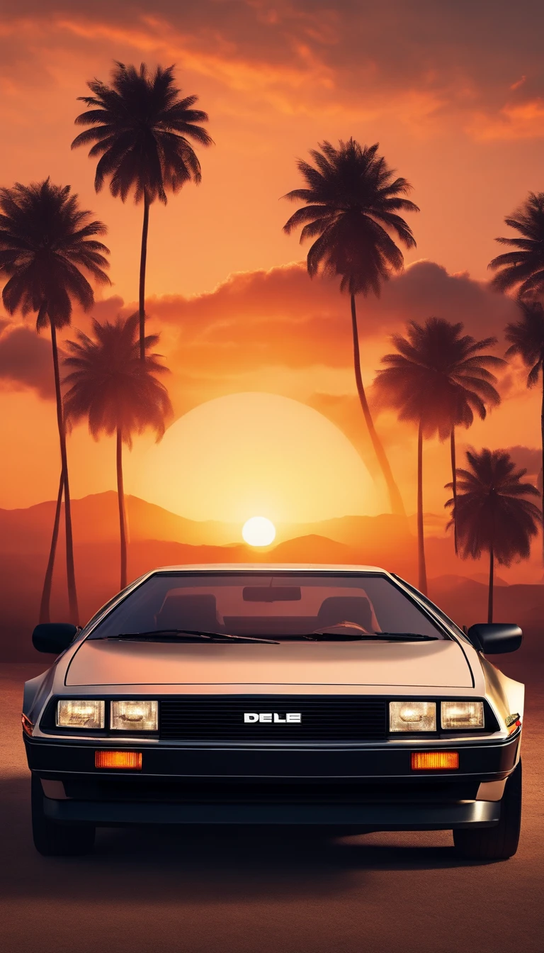The DeLorean with a sunset in the horizon in 8k