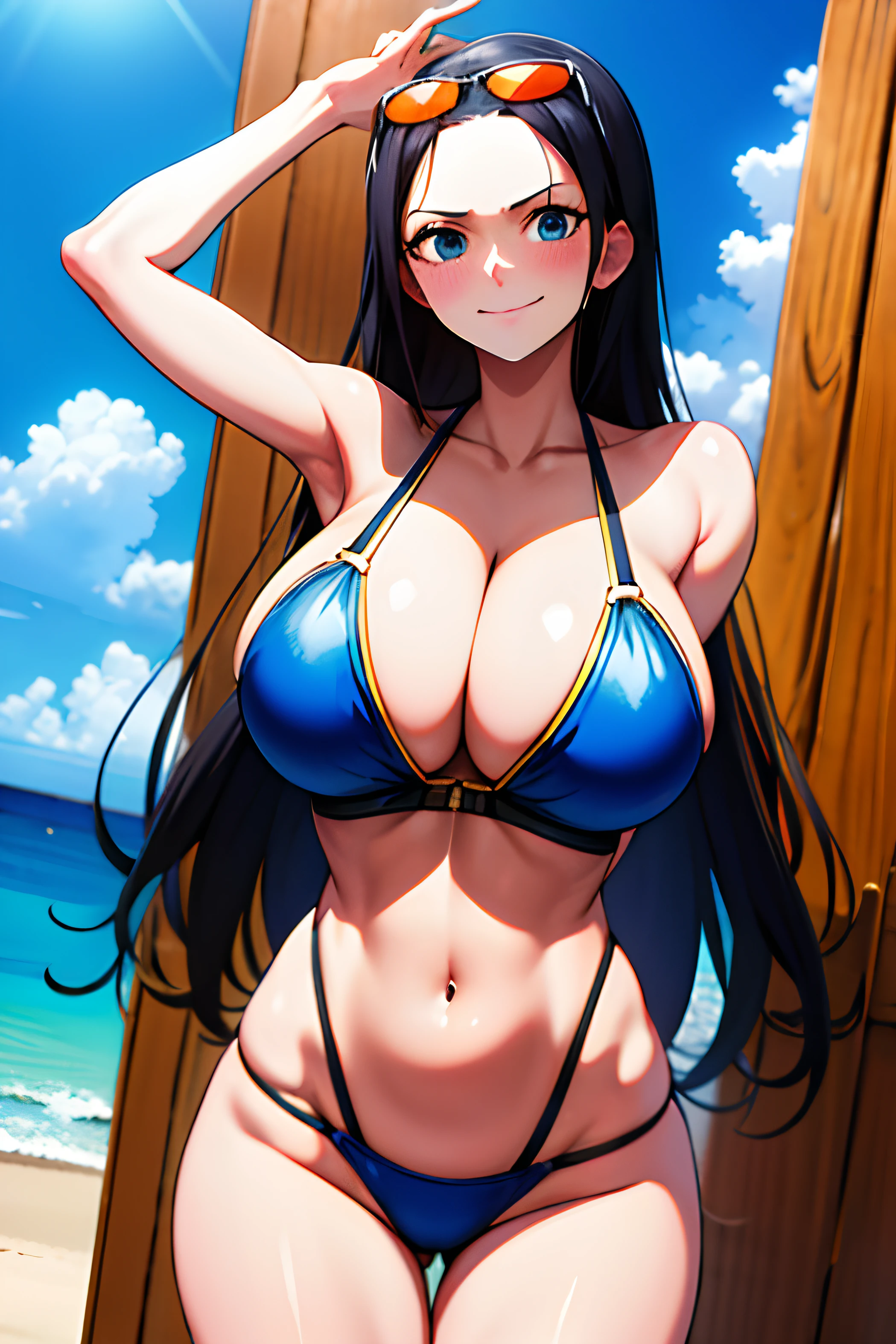 masterpiece, best quality, highres, best quality, highres, Nico Robin, 1girl, long hair, black hair, sun glasses , ahoge, blue eyes, large breasts, very long hair, breasts, huge ahoge, long legs, smile, beach, Nico Robin from one piece, sun glasses, perfect face, perfect eyes, perfect hair, mature body,