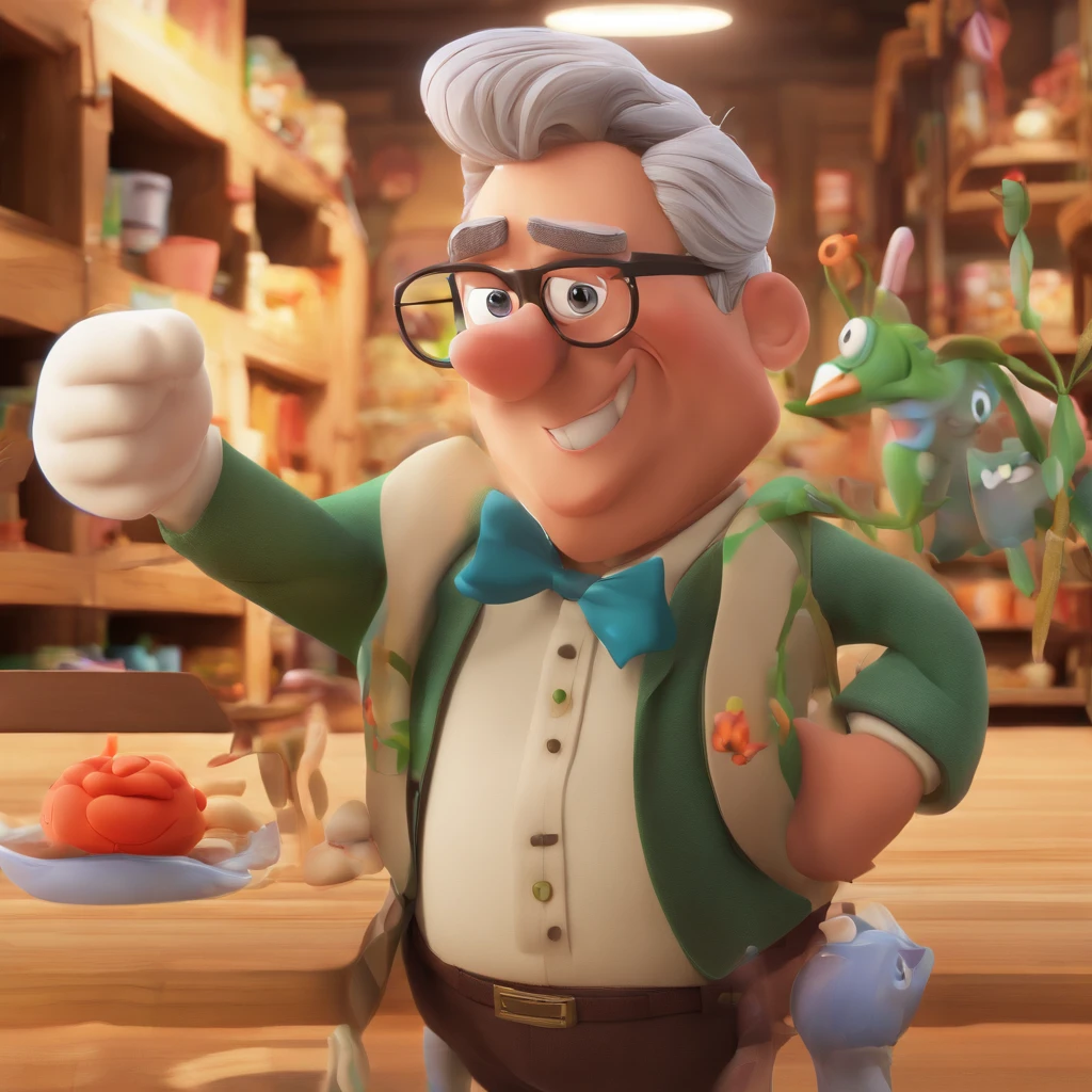 Crie um cartaz inspirado na Disney Pixar com o personagem sendo o pastor Rubens Janier, A gray-haired man wearing glasses, the scene will be in Pixar's distinctive digital art style. Focus on Character Expressions, Vibrant colors and detailed textures feature its animations, with the title