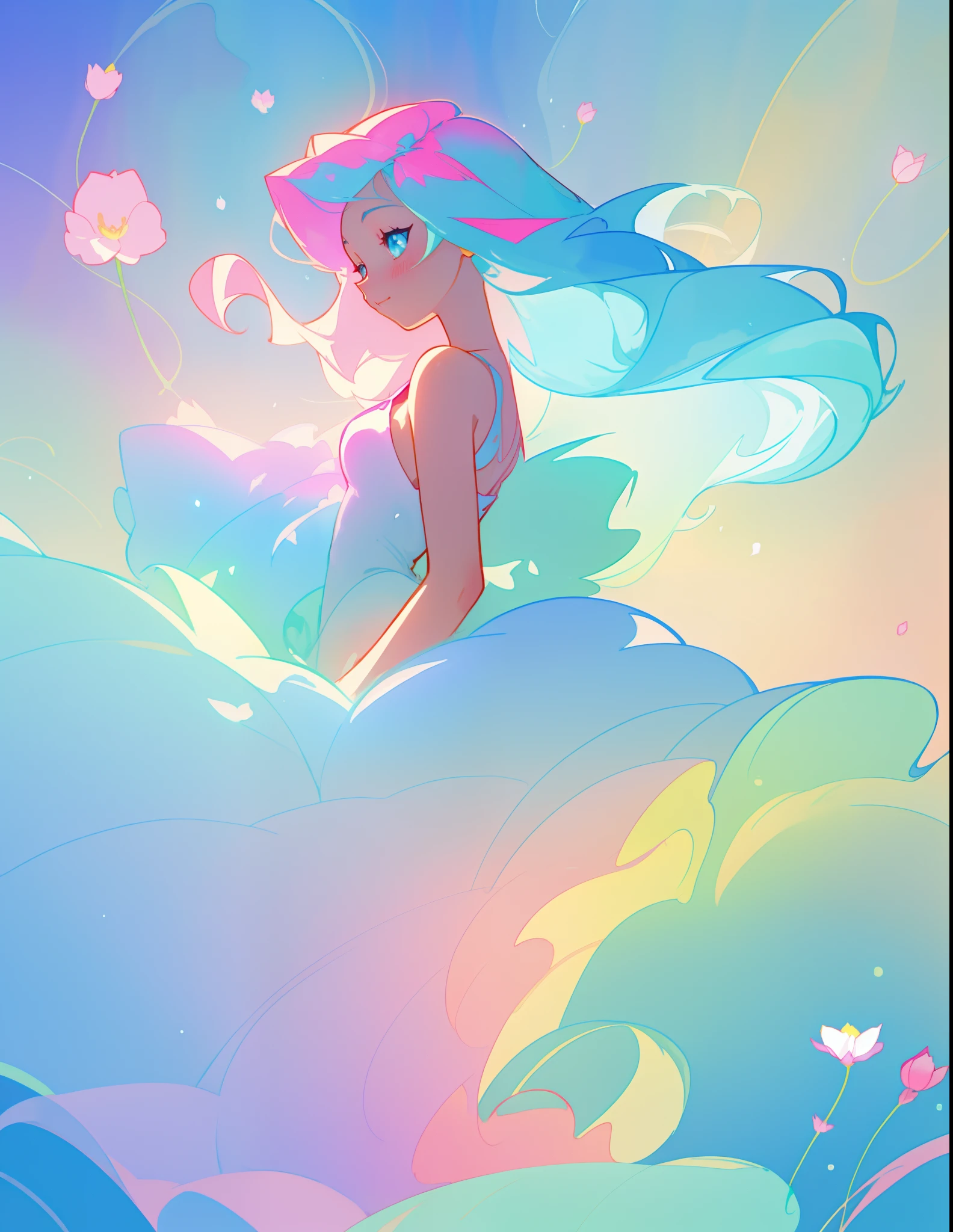 beautiful girl in colorful flowing ballgown, fairy dress, long flowing blue hair, blue aqua mint and pink colors, bubbles, watercolor illustration, inspired by Glen Keane, inspired by Lois van Baarle, disney art style, by Lois van Baarle, glowing aura around her, by Glen Keane, jen bartel, glowing lights! digital painting, flowing glowing hair, glowing flowing hair, beautiful digital illustration, fantasia otherworldly landscape plants flowers, beautiful, masterpiece, best quality, anime disney style