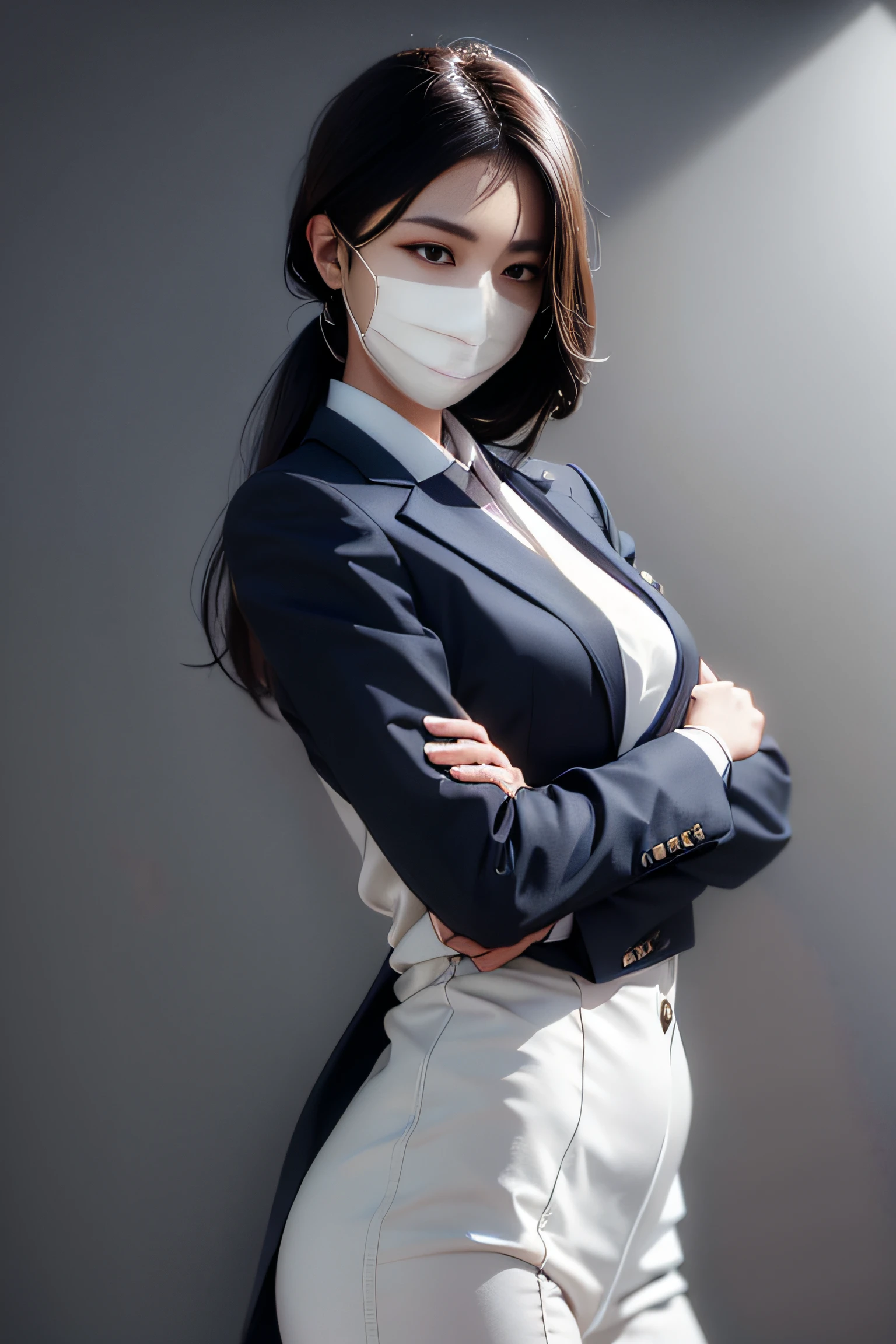 dressed in a suit，Alafidian woman in a mask, Girl in suit, wearing a strict business suit, wearing face mask, wearing a strict business suit, girl in a suit, Wearing a mask, Korean woman, dressed in a suit, surgical mask covering mouth, the robot wearing her human mask, Choi Hyun-hwa, wearing face mask, photograph of a techwear woman