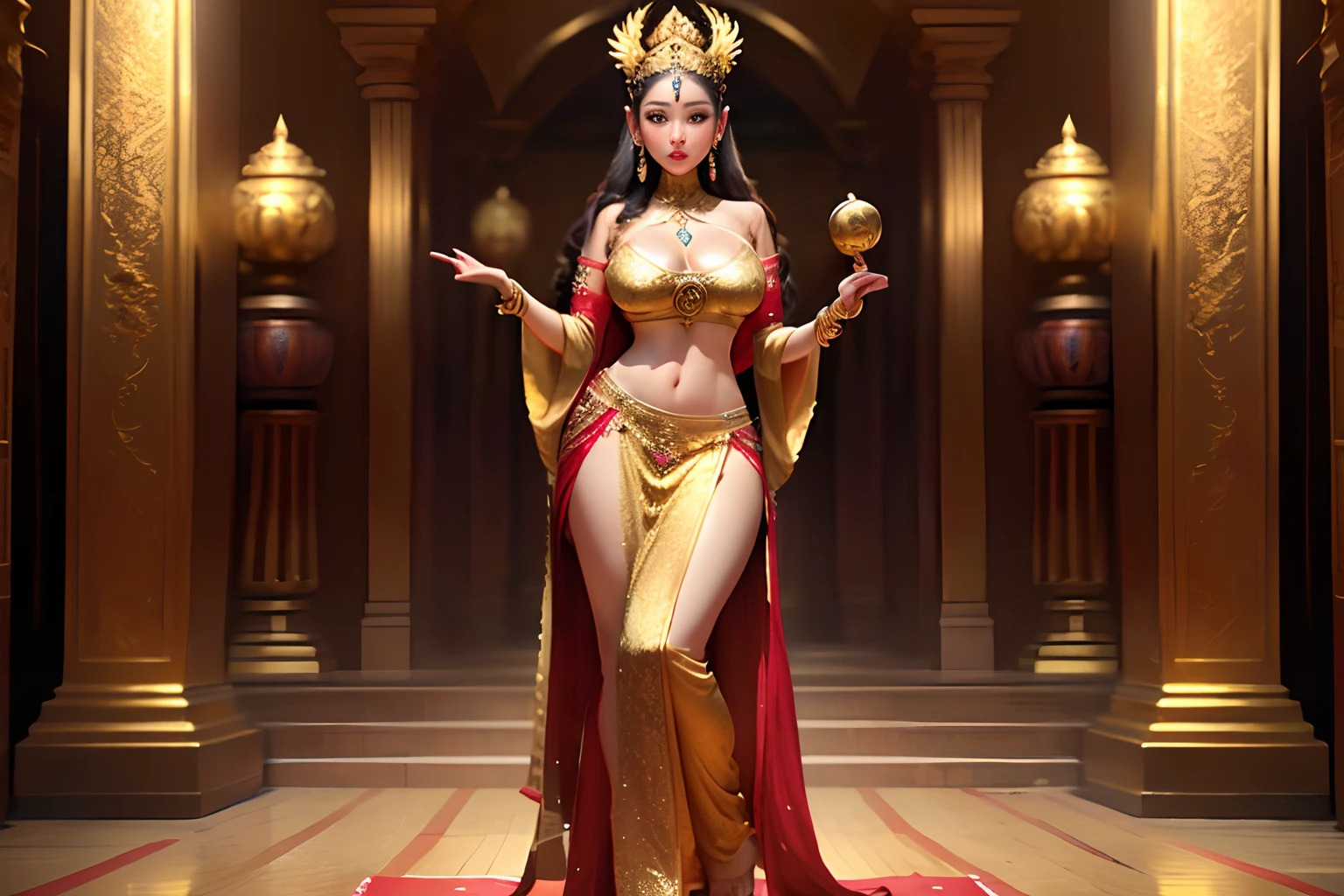Busty woman, apsara, golden ornaments, full body, big boobs, long hair, standing, full gold ornaments wearing, 8k