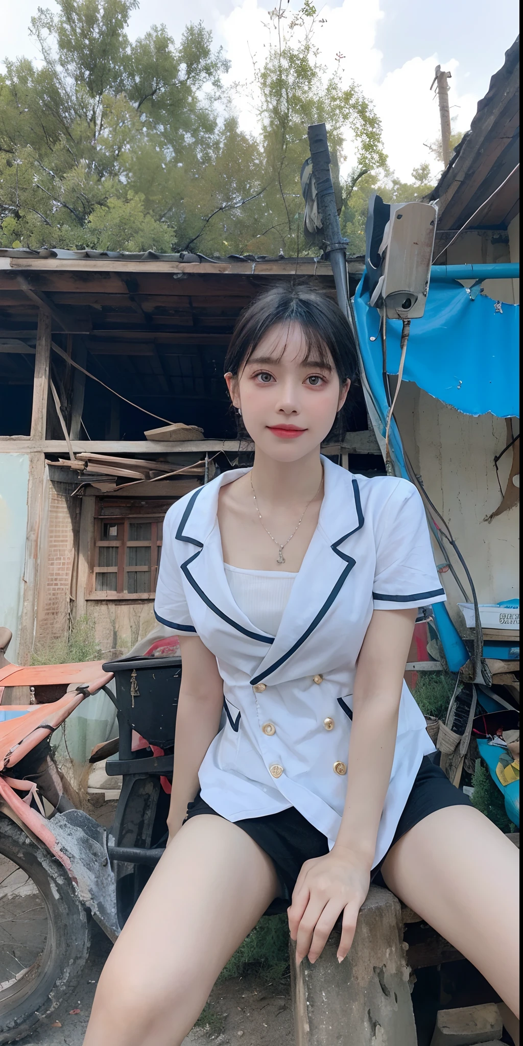 Top quality, Masterpiece, 超高分辨率, (Realistic, : 1.4), Original photo, (True skin texture: 1.3), (filmgrain: 1.3), in a panoramic view, Portrait, Very wide lens, Narrow waist, cowboy lens, (bangs, Inconspicuous, Cold light,) Night, Close-up, Tears, Short hair, neck long, ears sticking out, bangs, Big eyes, Brightly Colored Eyes, In the house, Dust, Tindall effect, (Facial expression), Sitting, (hitting a wall), Crying, Frowning, (Looking down), Nervousness, Tears, smiling happily
one girl, eyes and face with beautiful details, White jabot, pink dark V, Brown eyes,