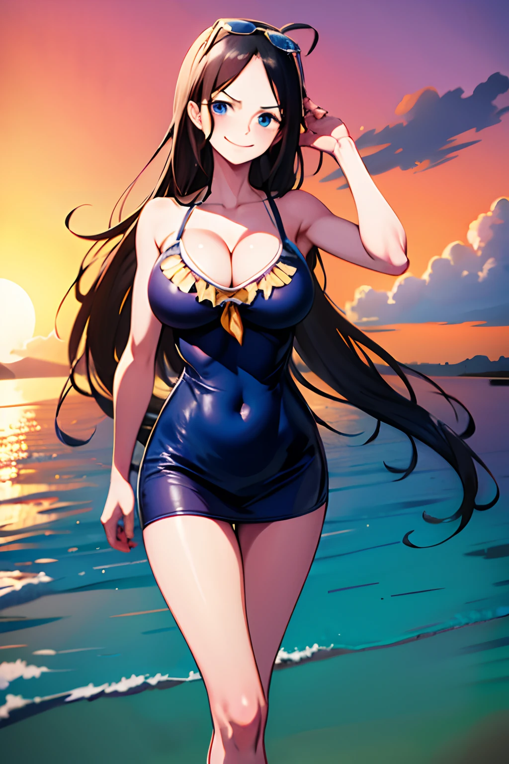 masterpiece, best quality, highres, best quality, highres, Nico Robin, 1girl, long hair, black hair, sun glasses , ahoge, blue eyes, large breasts, very long hair, breasts, huge ahoge, long legs, smile, beach, Nico Robin from one piece, sun glasses, perfect face, perfect eyes, perfect hair, mature body,