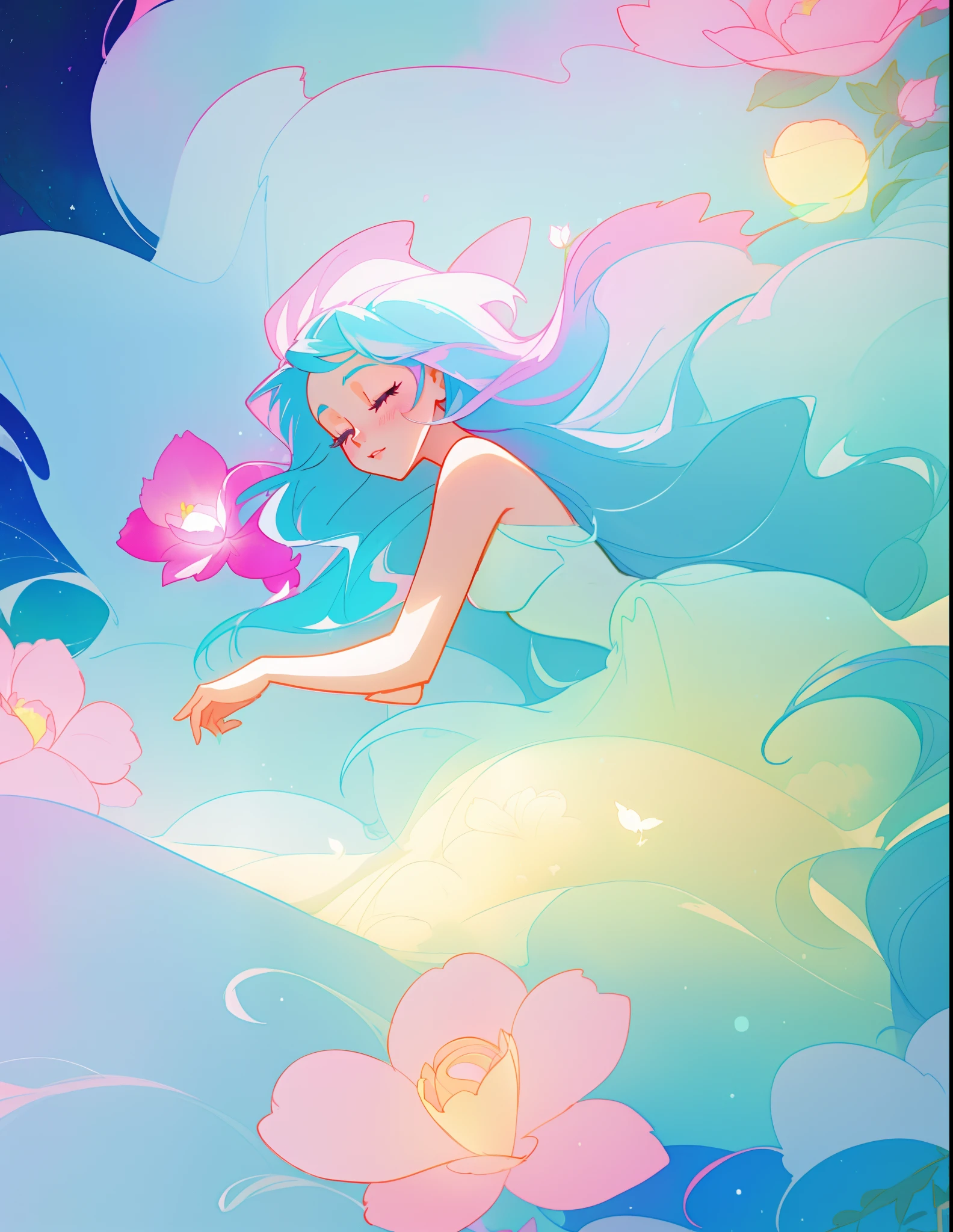 beautiful girl in colorful flowing ballgown, fairy dress, long flowing blue hair, blue aqua mint and pink colors, bubbles, watercolor illustration, inspired by Glen Keane, inspired by Lois van Baarle, disney art style, by Lois van Baarle, glowing aura around her, by Glen Keane, jen bartel, glowing lights! digital painting, flowing glowing hair, glowing flowing hair, beautiful digital illustration, fantasia otherworldly landscape plants flowers, beautiful, masterpiece, best quality, anime disney style