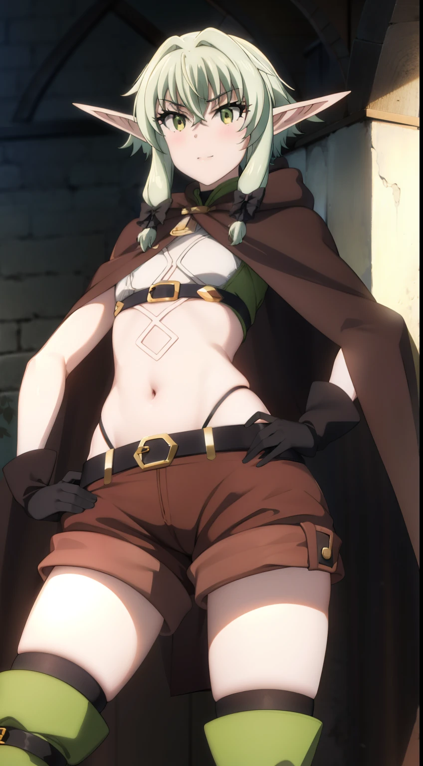 beatiful face, The body is completely, Masterpiece, Best Quality, hight resolution, 1girl, stands in full growth, elf, pointed ears, green hair, hairlong, Green eyes, Hair Bow, black gloves, brown shorts, side locks, cloak, Green thighs, Short shorts, belt, small breasts, Cowboy shot, Standing, Smile, (Masterpiece, Best Quality:1.2), Cowboy shot, 独奏, 1girl, Alleyn, elf, expressionless, looking a viewer, side braid, beret, cape, Upskirt, thights, thights, green shoes, thigh boots, elbow gloves, midriff, cleavage, Alleyn, elf, side braid, large breasts, blonde hair, blue eyes,
