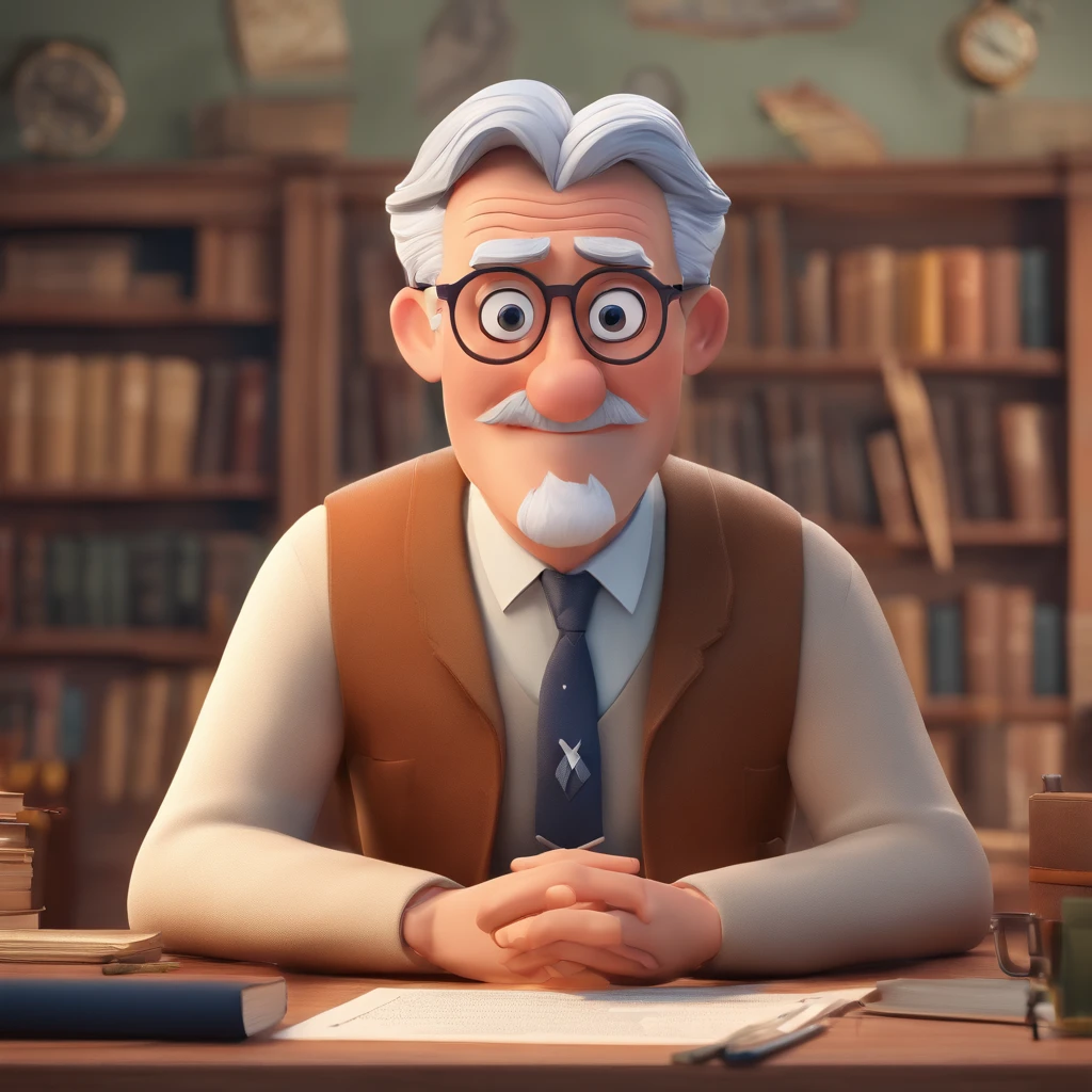 Crie um cartaz inspirado na Disney Pixar com o personagem sendo o pastor Rubens Janier, A gray-haired man wearing glasses, in an office with a Bible on the desk