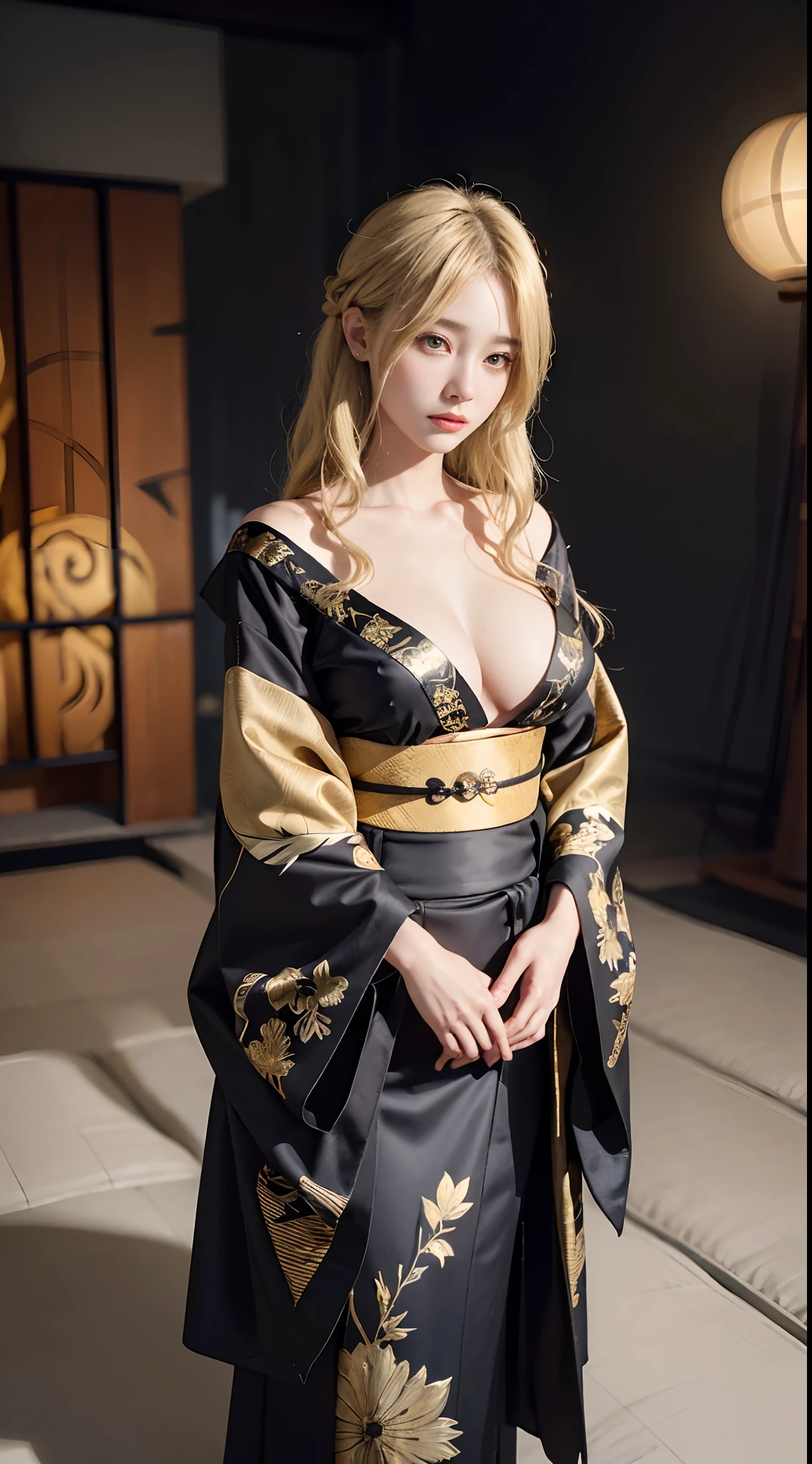 (Front Focus),(in the darkness nigth:1.6),Surrealist portraits of women by David Hockney and Alphonse Mucha,((Upper body naked))、( Exposed)、((Japanese garden)),Fantasyart,((Blonde long wavy hair))、((Gold and black sexy Japan kimono))、photographrealistic,动态照明,art stations,poster for,Volumetriclighting,extra detailed face,4 k'',((Colossal tits))、Beautifully embroidered award-winning gold and black sexy Japan kimono,With diamonds,Sexy thighs,Decorated with fine embroidered dress costumes and fine jewelry,exposing the abdomen ,Chest 1 Girl, In the Dark, deepshadow, low tune, Cowboy Shot,(official clothing:1.4), The eyes are confused and seductive,legs separated
