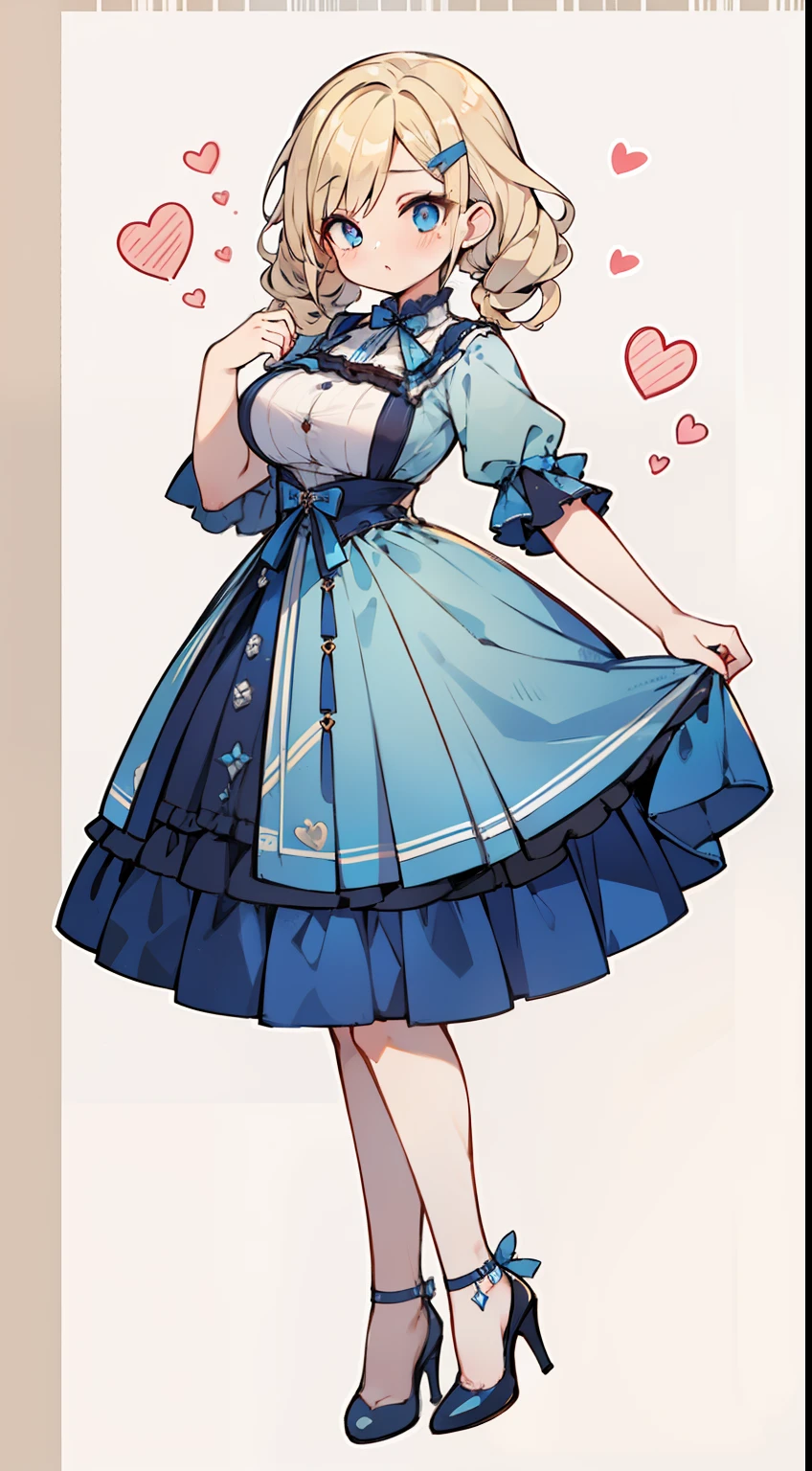1girl in, fullllbody, Character Design, (((Light blonde curly low pigtail)), ((Eyes are blue)), (Sauce order), ((White hairpin)), (Mole under the left eye), Long bangs, Eyes are hearts, Brainwashed, large full breasts, High quality, 痴女, Magic Makeover, Blue ta Dress Costume, White high heels, Wide Shot, Detailed background of the prison