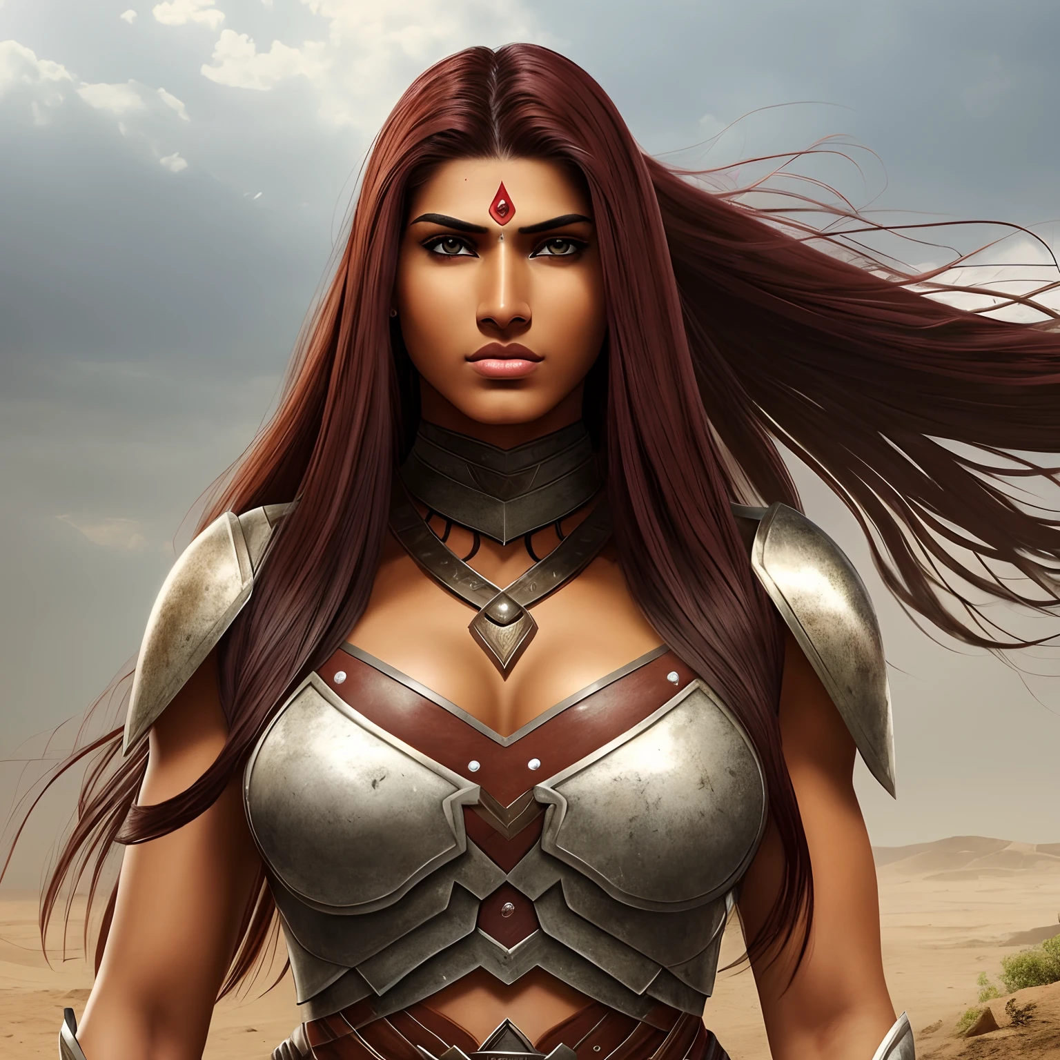 A tall and muscular indian woman covered in battle scars. She has heterochromia and long, straight, dark red hair. Her left eye is brown, but her right eye is a cloudy white color. She is has a beautiful face and caramel skin with voluminous lips and a prominent arched nose bridge. She is wearing a warrior's armor.