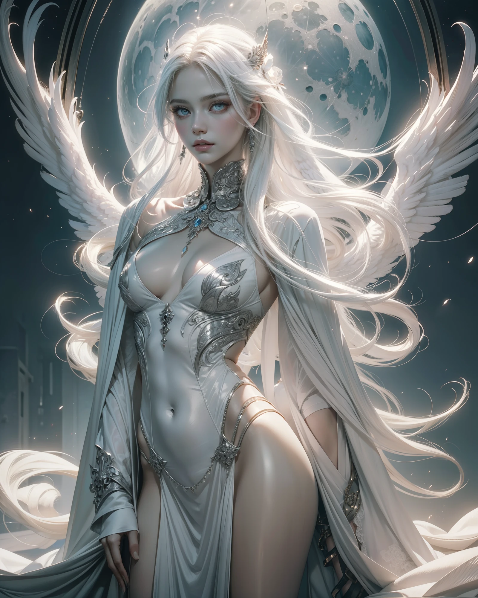 masterpiece, highest quality, (solo focus), (perfect face:1.1), (high detail:1.1),dramatic, (an alluring albino angel guy with long flowing pure white hair and piercing white eyes),1guy, (pale skin), long hair, white eyes, solo, long hair, moon, night, white luxury suit, covered navel, pouty lips, covered, futuristic city, detailed background, art by artgerm cinematic lighting, roses and vines, fashion, BalenciagaStyle