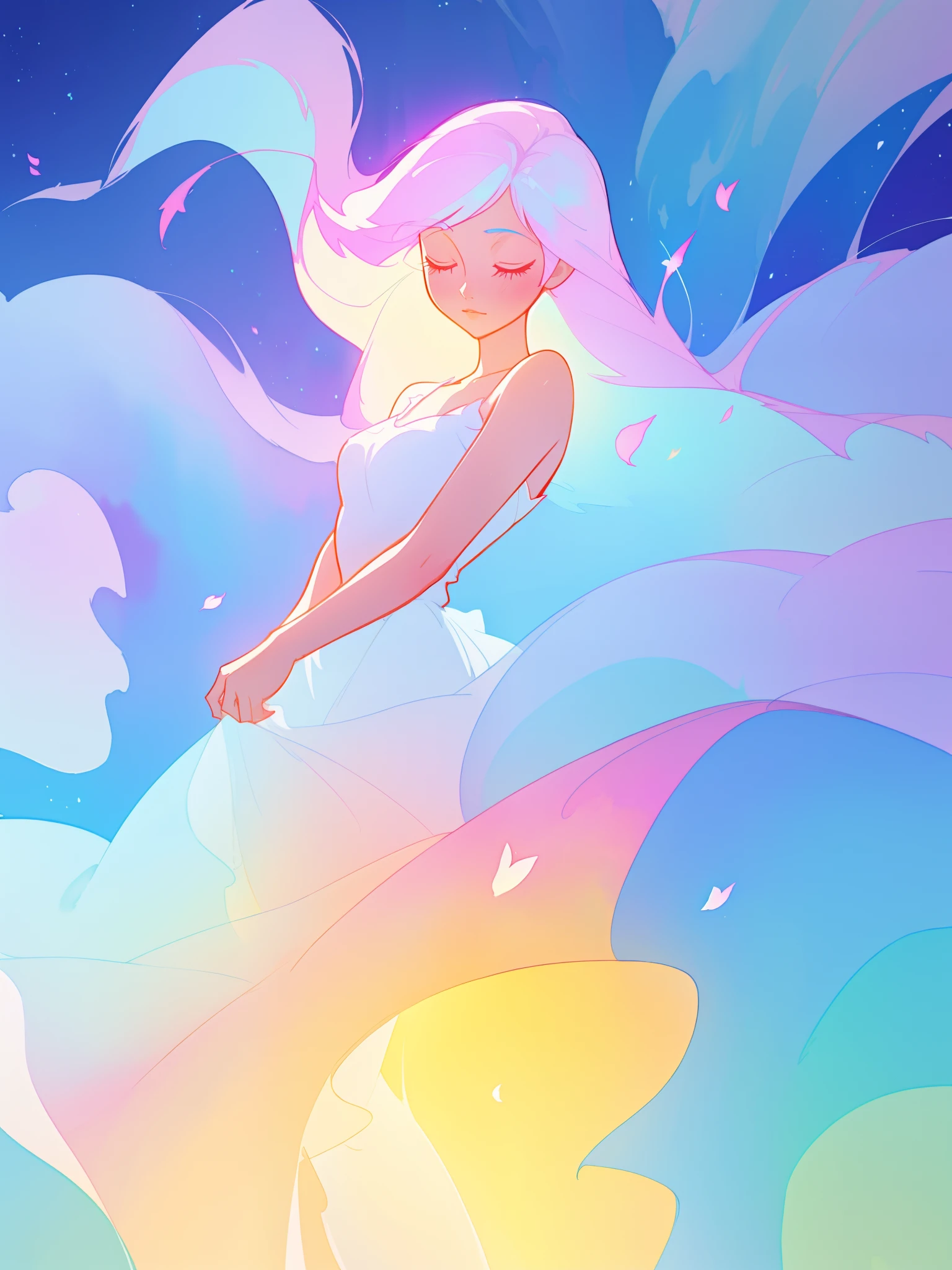 beautiful girl in white dress, fairy dress, long colorful liquid hair, watercolor illustration, inspired by Glen Keane, inspired by Lois van Baarle, disney art style, by Lois van Baarle, glowing aura around her, by Glen Keane, jen bartel, glowing lights! digital painting, flowing glowing hair, glowing flowing hair, beautiful digital illustration, fantasia otherworldly landscape plants flowers, beautiful, masterpiece, best quality, anime disney style
