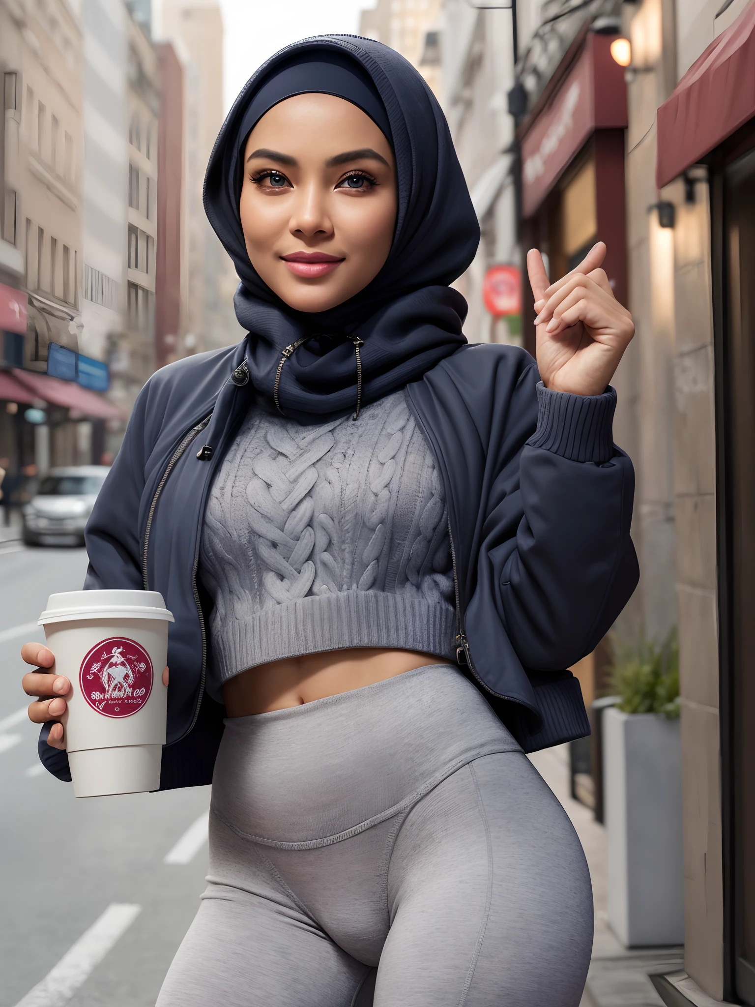 (masterpiece, best quality:1.4), (modern days), (cowboy shot), 1 malay girl in hijab, solo, pov, sfw,
stunning girlfriend, (standing:1.1), dynamic pose, (white oversized sweater, knit sweater:1.4), (tight yoga pants, dark grey yoga pants:1.4), (short navy blue jacket, denim jacket:1.4), heart shaped face, elegant face, beautiful face, highly detailed face, highly detailed skin, skin pores, subsurface scattering, (detailed blue eyes), realistic pupils, large breast, loving smile, looking at viewer, full face blush, full lips, holding a single coffee cup, centered,
coffee shop in background, city street, sunny day, wind, detailed background, depth of field, atmospheric perspective, volumetric lighting, sharp focus,
absurdres, realistic proportions, good anatomy, (realistic, hyperrealistic:1.4), 16k hdr,
